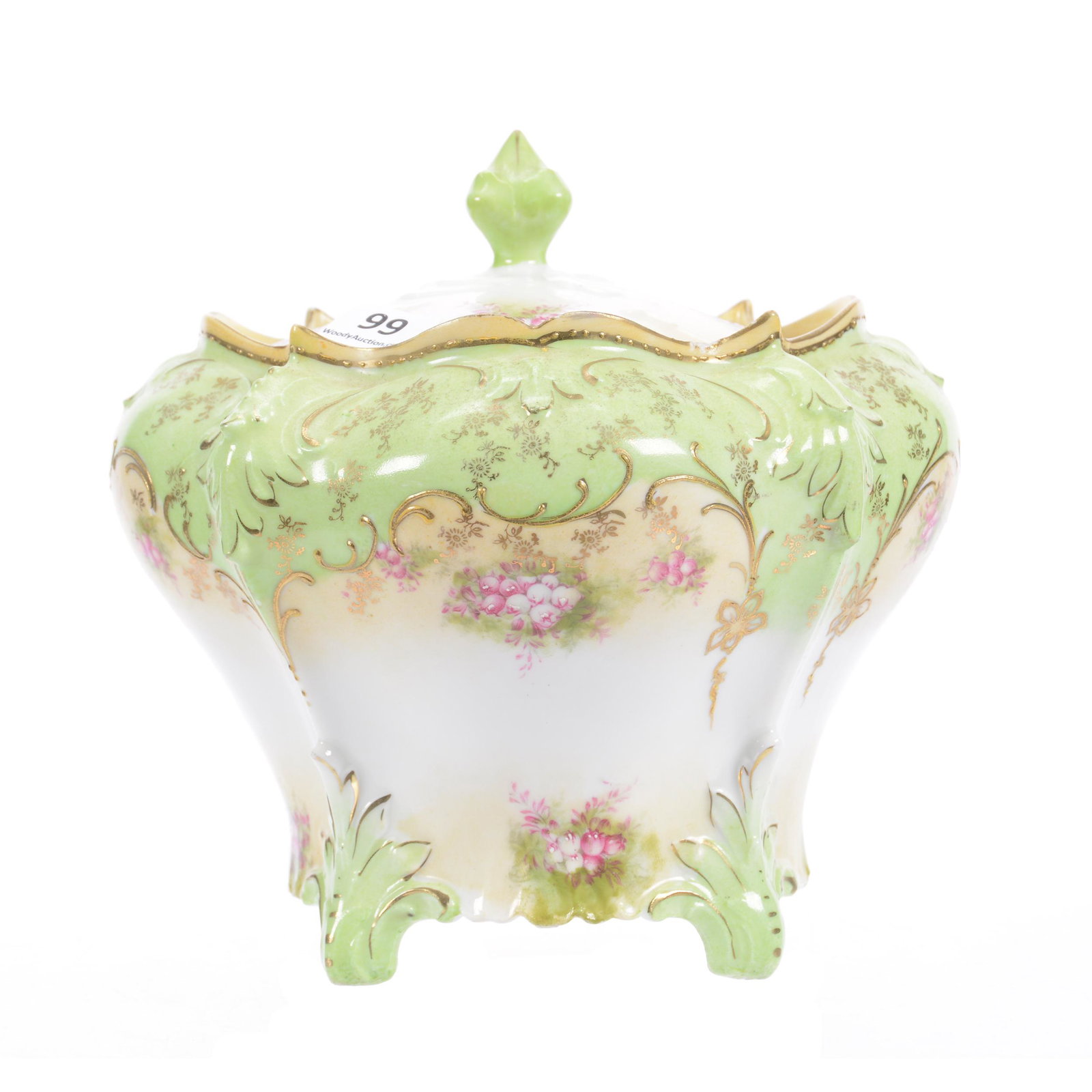 Biscuit Jar, Unmarked Prussia: Biscuit Jar, Unmarked Prussia, 6.5", Green, Cream and White Tones with Pink Floral Decor, Gold Stencil Highlights, Point on Base has Been Glued Back On, Private Collection, Wichita, KS