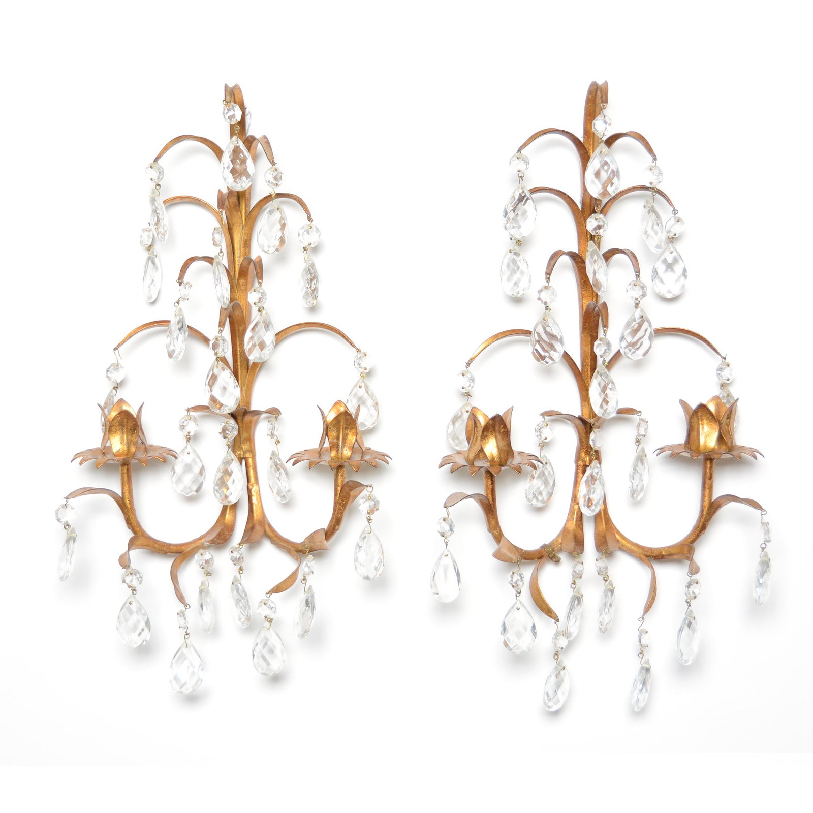 Wall Sconces, Figural Gilt Metal: Wall Sconces, Figural Gilt Metal, 14" X 9", Double Candle Holders with Facet Cut Prisms, Private Collection, Wichita, KS