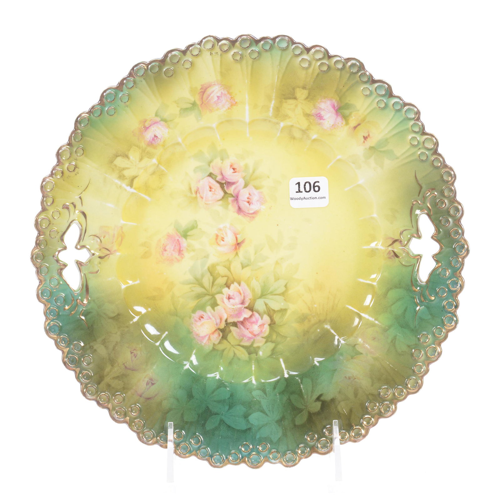 Cake Plate, Unmarked Prussia: Cake Plate, Unmarked Prussia, 9.75", Lollipop Mold #51, Yellow and Green Tones with Pink Rose Decor, Private Collection, Wichita, KS