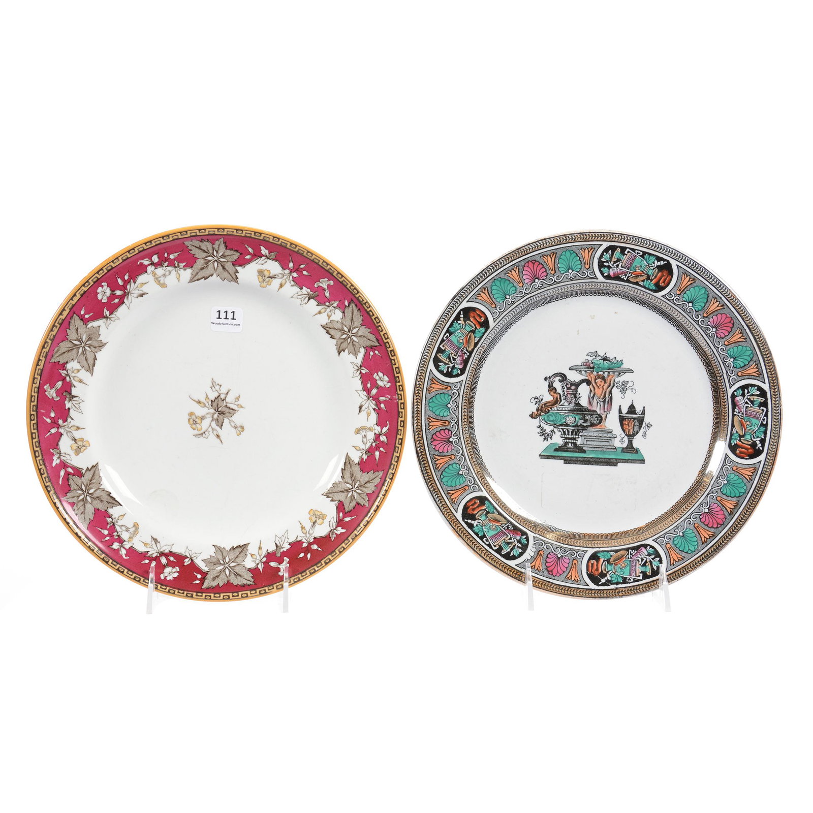(2) Plates, Polychromatic Ironstone: (2) Plates, Polychromatic Ironstone, 10.5", (1) Vase Pattern by T.B. and S, (1) Crane Bill Pattern by M. V. Company, Private Collection, Wichita, KS