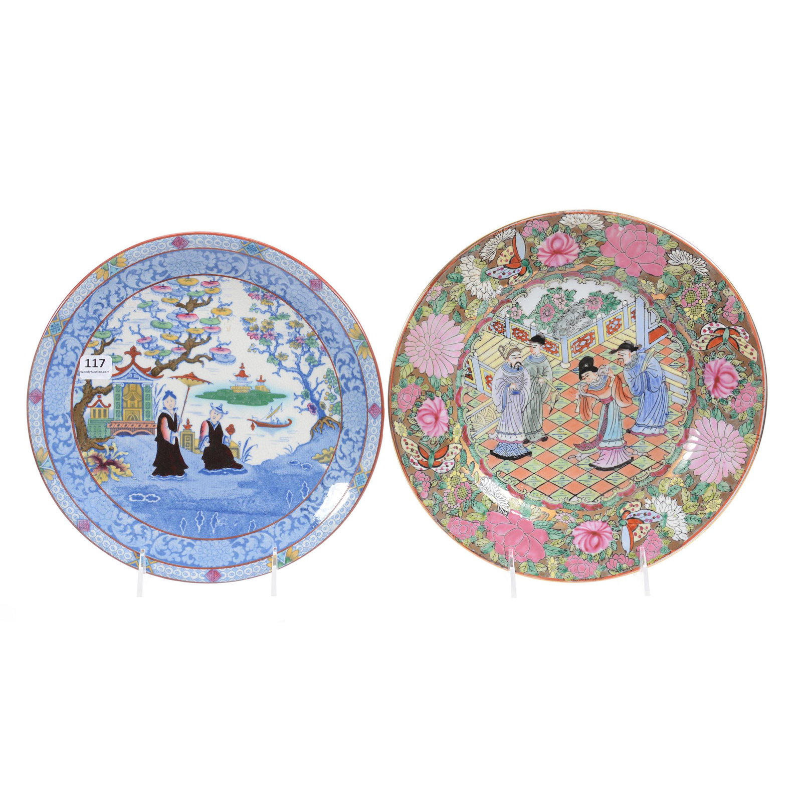 (2) Plates: (2) Plates, (1) 10.5", Early Unmarked Chinese Plate, Classic Scene with Highly Detailed Butterfly and Floral Border, Nice Quality, (1) 9.75", Unmarked Ironstone with Oriental Scenic Decor, Private Col
