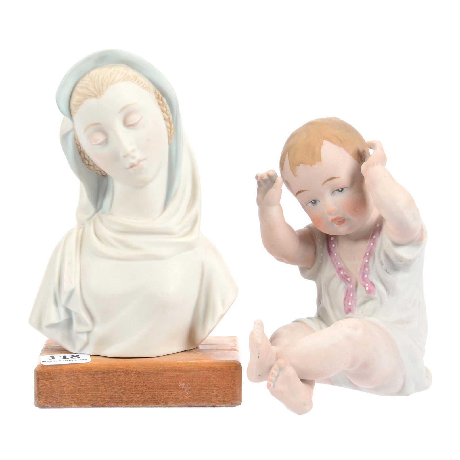 (2) Bisque Figurines: (2) Bisque Figurines, (1) 6.25" Madonna on Wooden Base Marked Cybis, (1) 5" Unmarked German Piano Baby, Private Collection, Wichita, KS