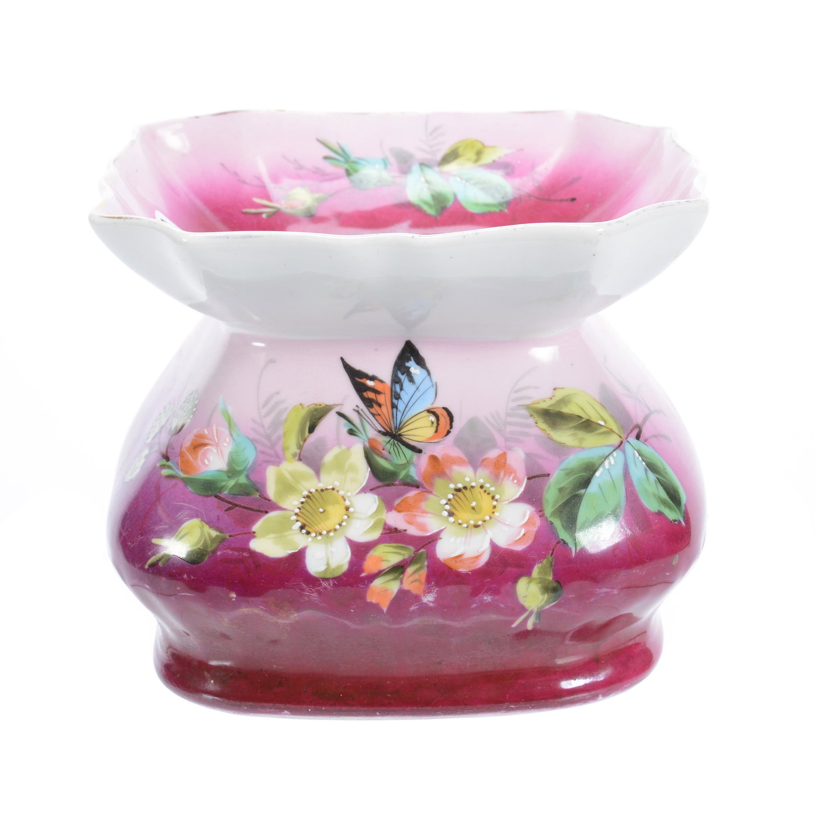 Spittoon, Square, Old Paris Style, Unmarked: Spittoon, Square, Old Paris Style, Unmarked, 6" X 7.5", Pink, Maroon and White Tones, Colorful Butterfly and Floral Decor, Private Collection, Wichita, KS