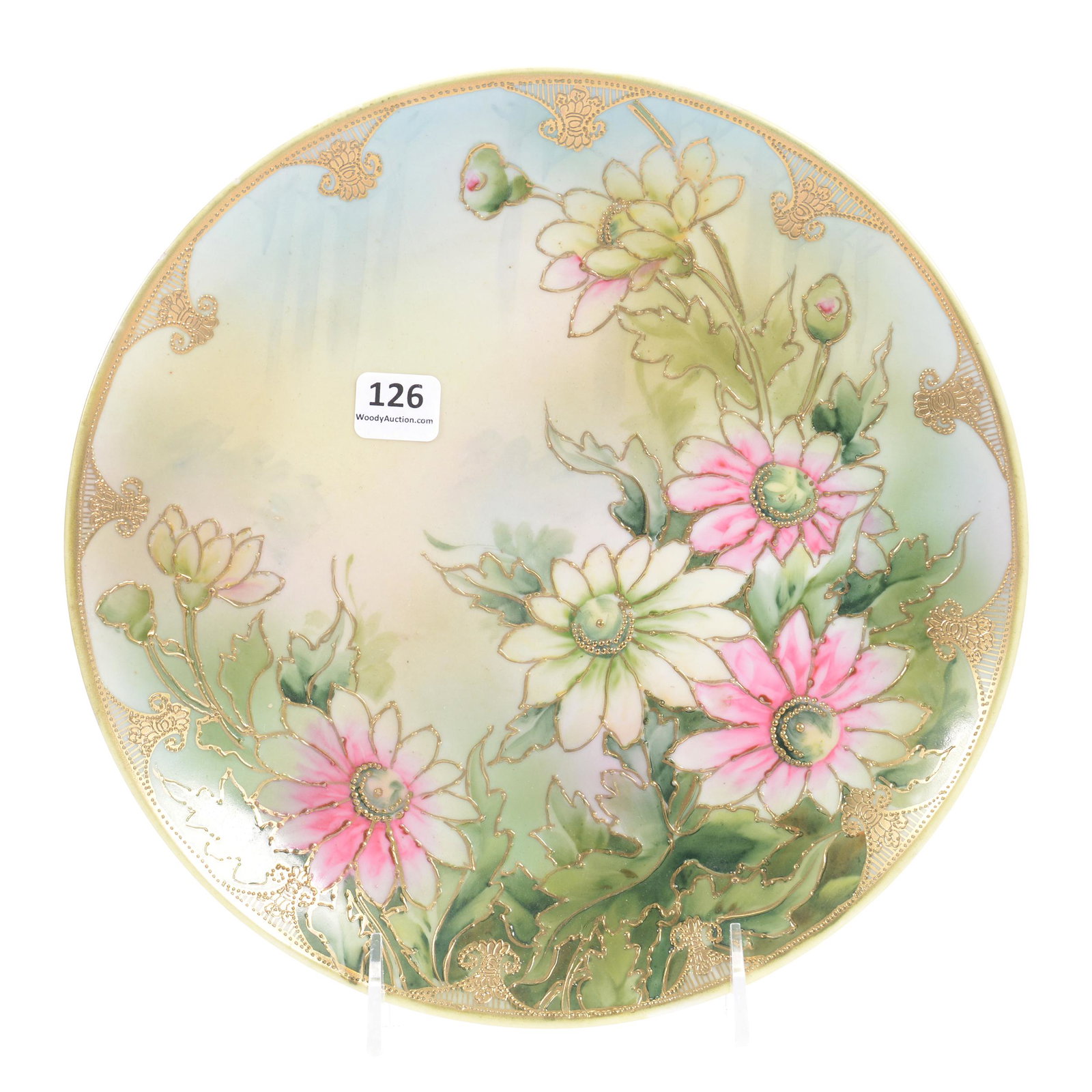 Plaque Marked Hand Painted Nippon: Plaque Marked Hand Painted Nippon, 9.75", Green, Blue and Cream Tones with Elaborate Pink and White Floral Branch Decor, Excellent Gold Highlights, Pierced for Hanging, Private Collection, Wichita, KS