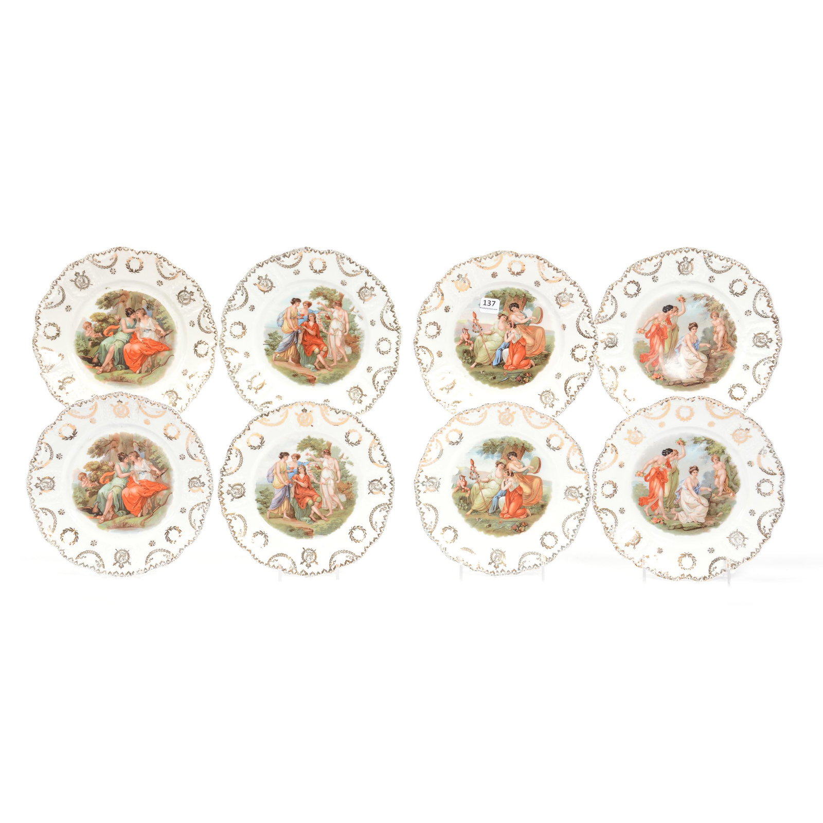 (8) Plates Marked Prov Saxe: (8) Plates Marked Prov Saxe, 8" Approx., White with Classic Scenic Decor, Gold Stencil Highlights, Some Minor Size Variations, Private Collection, Wichita, KS