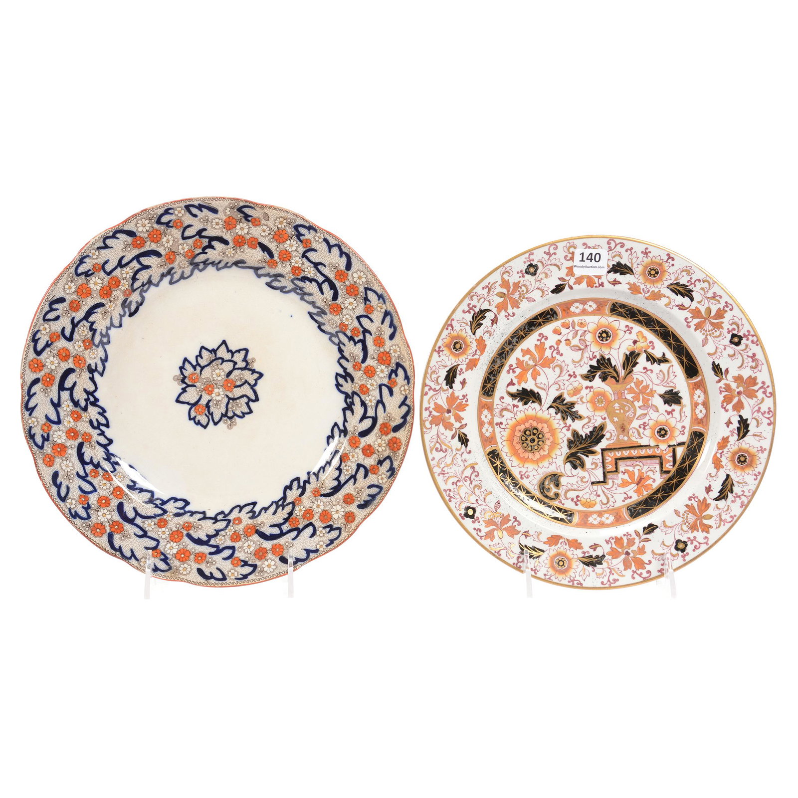 (2) Polychromatic Ironstone Plates: (2) Polychromatic Ironstone Plates, (1) 10.25", Snowdrop Pattern, (1) 9.25", Decor of Vase with Flowers, Private Collection, Wichita, KS