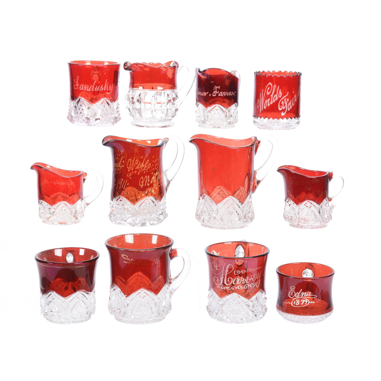 (12) Ruby Flash Pattern Glass Mugs and Creamers: (12) Ruby Flash Pattern Glass Mugs and Creamers, Various Patterns, Shapes and Designs, See Photos for Details, Nine are Souvenir Items, Private Collection, Wichita, KS