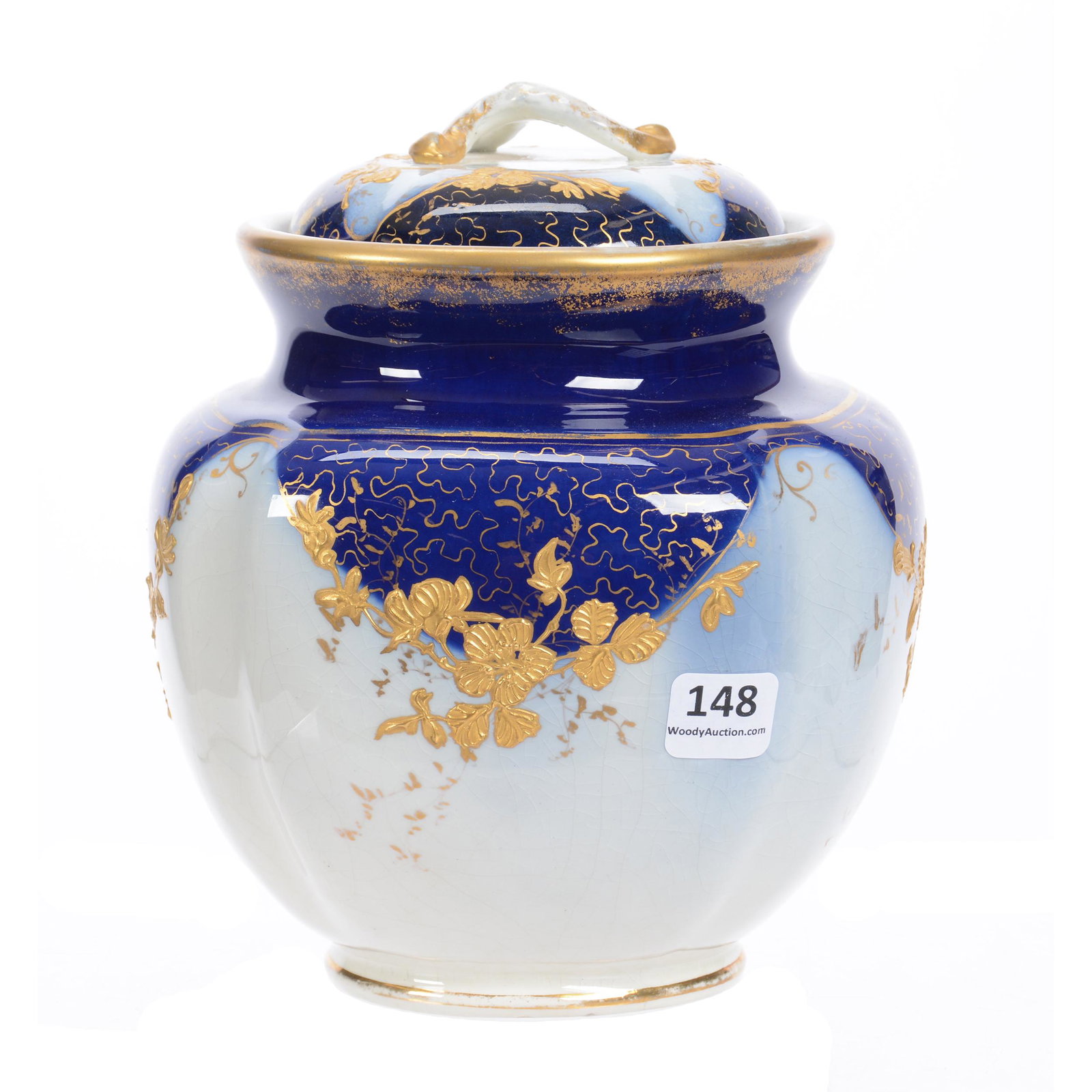 Biscuit Jar, Cobalt Blue & White, Heavy Gold Enamel: Biscuit Jar, Cobalt Blue and White, Heavy Gold Enamel, 7.5", Four-Sided, Unmarked, Private Collection, Wichita, KS