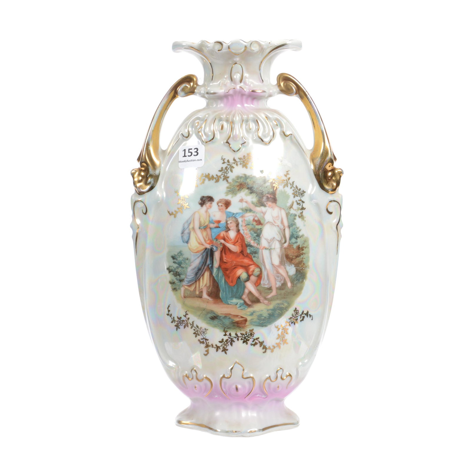 Two-Handled Vase Marked Czechoslovakia: Two-Handled Vase Marked Czechoslovakia, 11.75", White and Pink Iridized Lustre Finish with Classic Scenic Decor, Gold Stencil Highlights, Private Collection, Wichita, KS