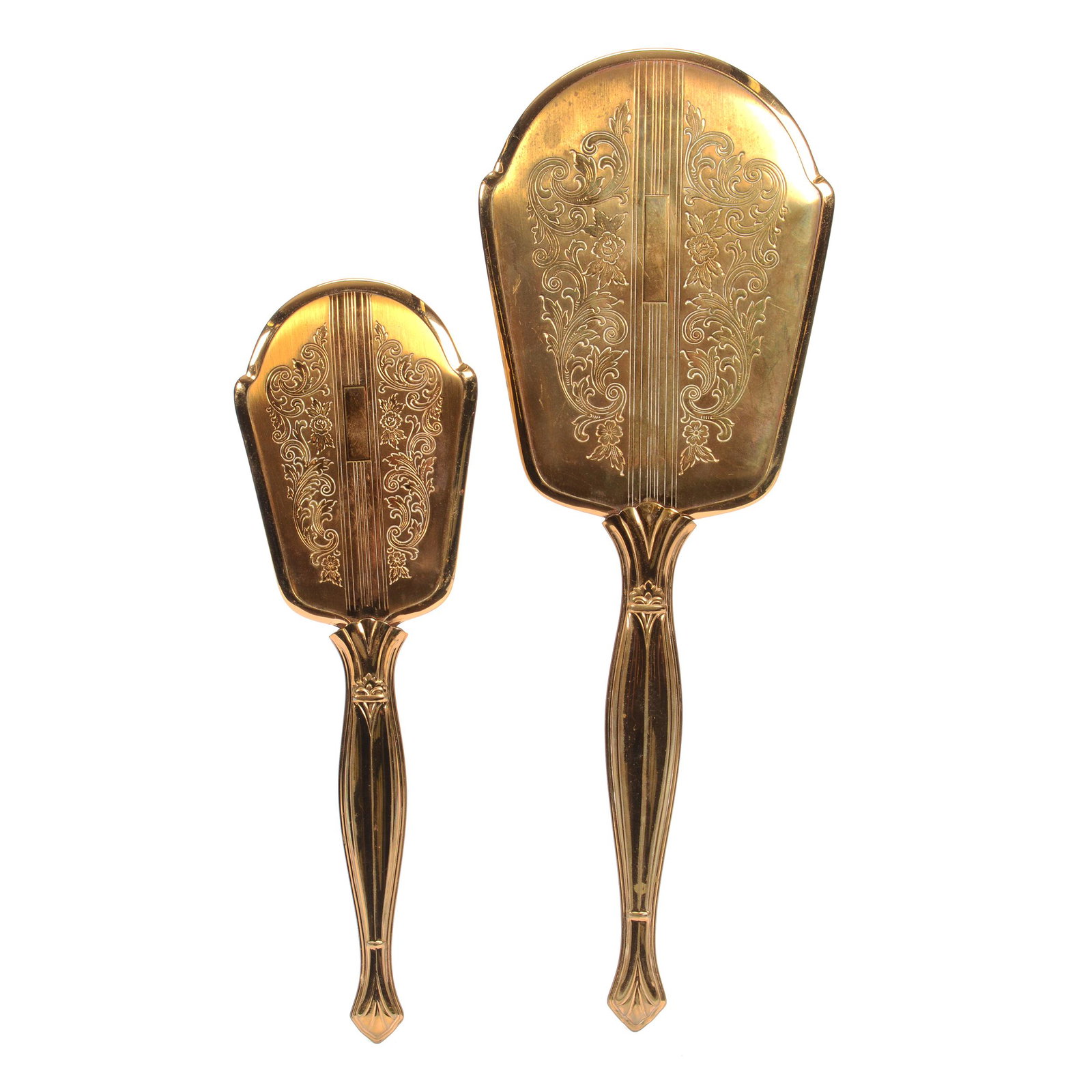 Vintage Mirror & Brush Set, Gilt Metal: Vintage Mirror and Brush Set, Gilt Metal, (1) 13.25" Beveled Hand Mirror, (1) 10.25" Brush, Private Collection, Wichita, KS