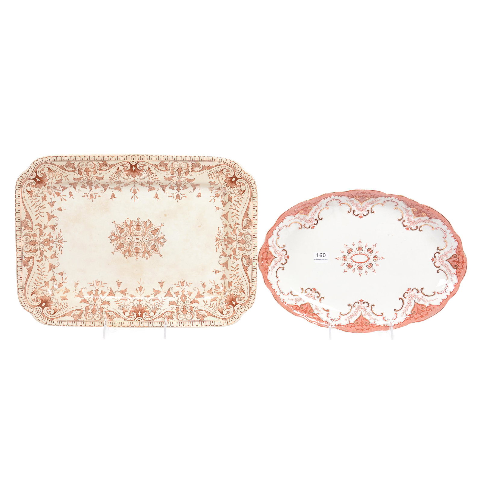 (2) Ironstone Trays: (2) Ironstone Trays, (1) 14.5" X 10.5", Brown Transfer Ware, Tournay Pattern by T and R Boote, (1) 12.5" X 8.75", Pink Transfer Ware, Cambridge Pattern by Meakin, Private Collection, Wichita, KS