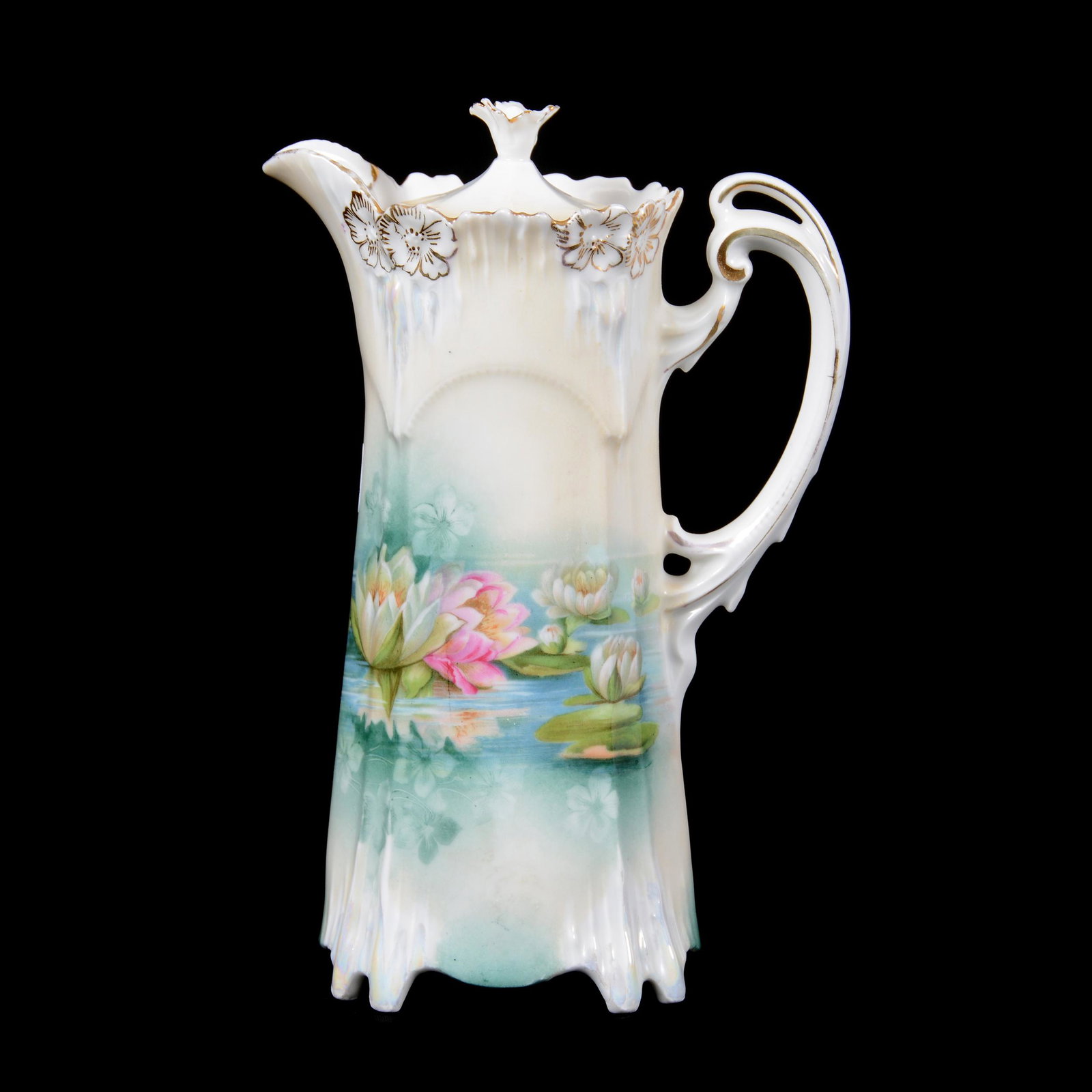 Chocolate Pot Marked R.S. Prussia, Icicle Mold: Chocolate Pot Marked R.S. Prussia, Icicle Mold, 9", White and Cream with Waterlily Decor, Private Collection, Wichita, KS