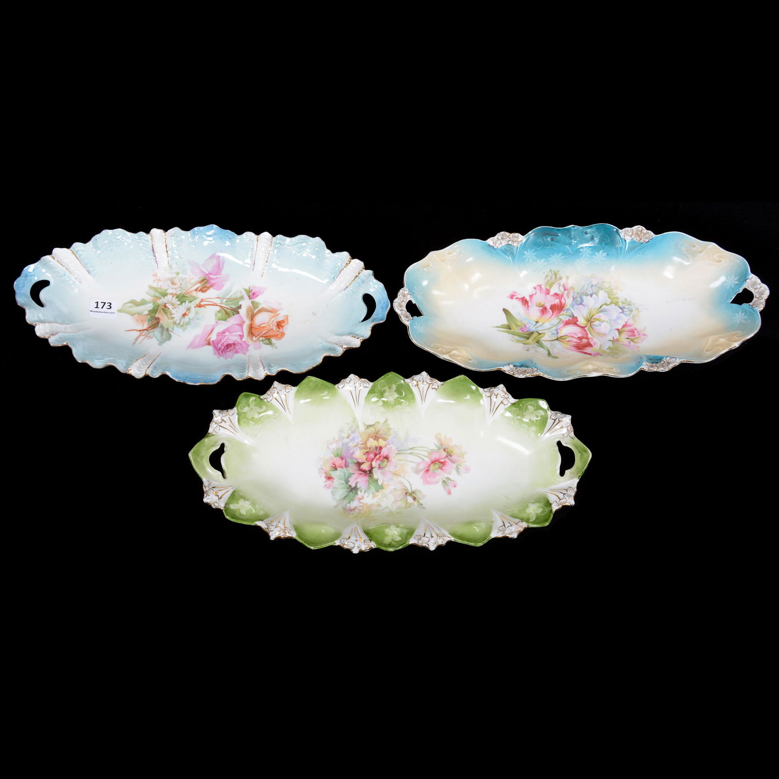 (3) Celery Trays, Unmarked Prussia: (3) Celery Trays, Unmarked Prussia, 12", (1) Blue Tones with Rose and Daisy Decor, (1) Green Tones with Wild Poppy Decor, (1) Blue, Cream and White Tones with Floral Decor, Private Collection, Wichita