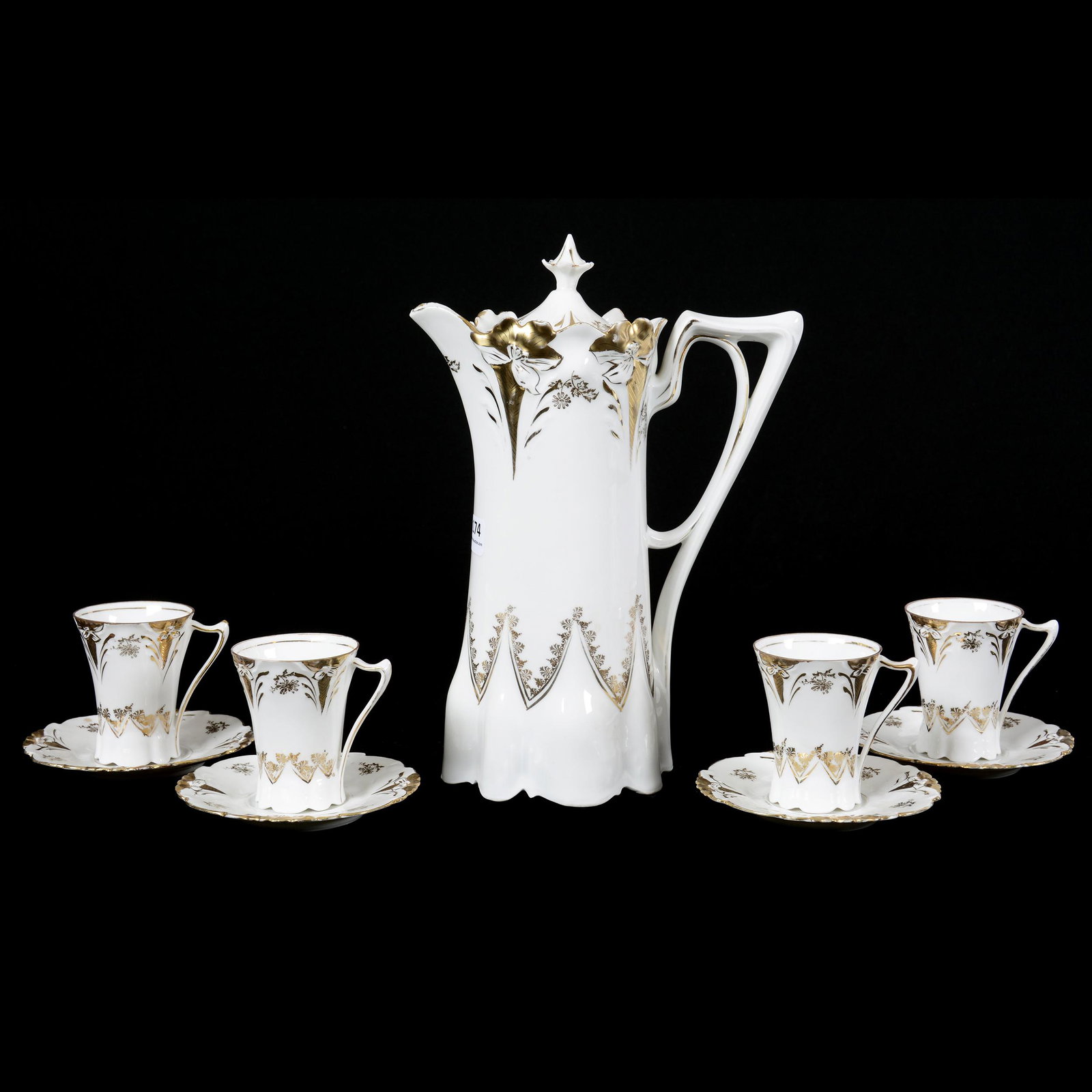 Chocolate Set, Unmarked Prussia Lily Mold: Chocolate Set, Unmarked Prussia Lily Mold, 10.5", White with Gold Trim Highlights, (4) Matching Cups and Saucers, Private Collection, Wichita, KS