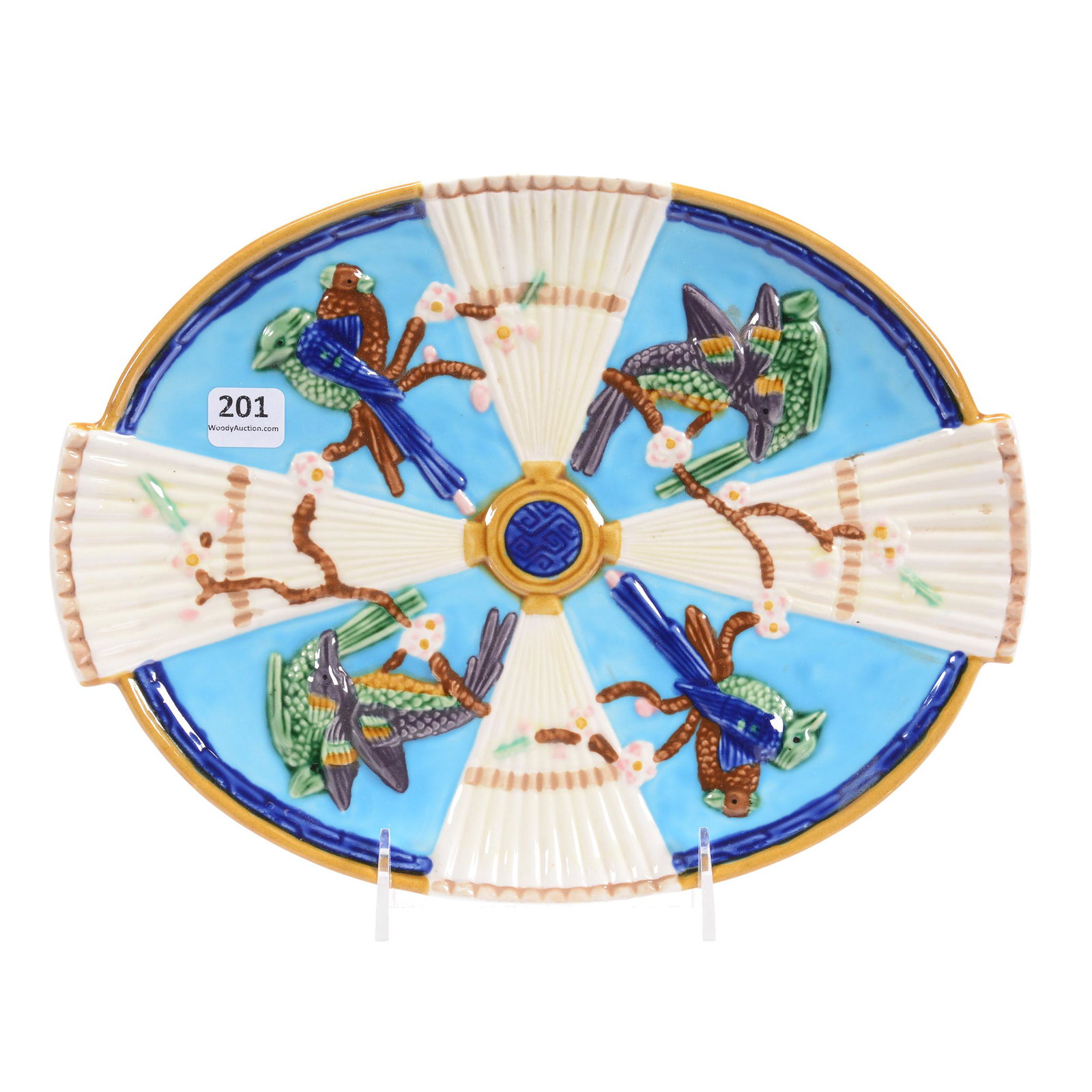 Majolica Tray, Relief Decor of Bird and Branch: Majolica Tray, Relief Decor of Bird and Branch, 11.25" X 8.5", Blue, Brown, White, Pink and Green, "Exclusively for Seymour Mann" on Back of Tray, Private Collection, Wichita, KS