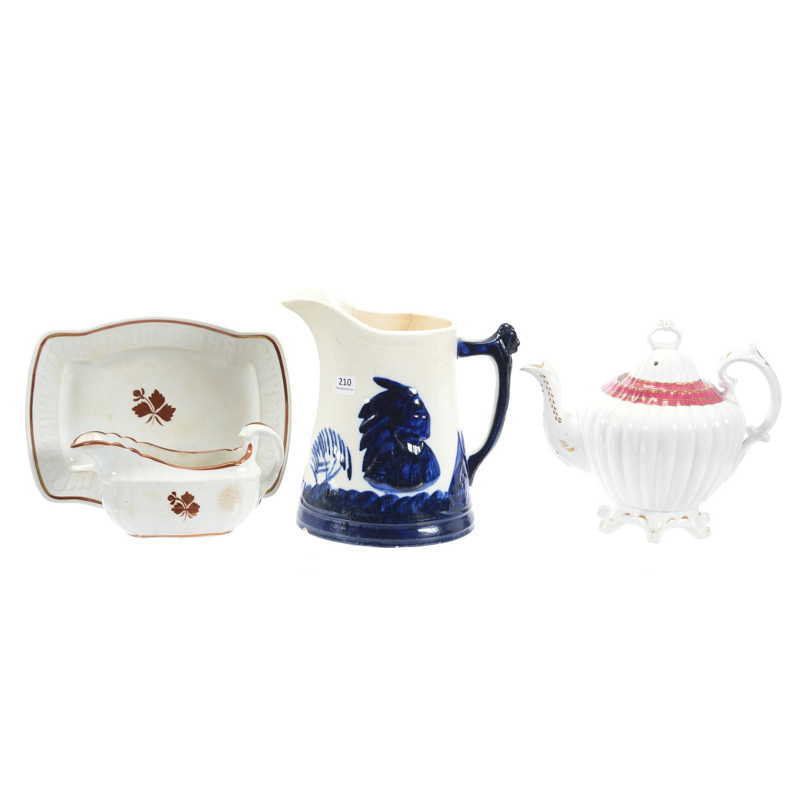 (4) Assorted Ironstone Items: (4) Assorted Ironstone Items, (1) 9" Sleepy Eye Pitcher, Base Chip and Three Old Hairlines, (1) 8" X 9.5" Teapot, Unmarked, Footed, White with Maroon Border, Gold Stencil Highlights, (1) 10" X 7.5" Te