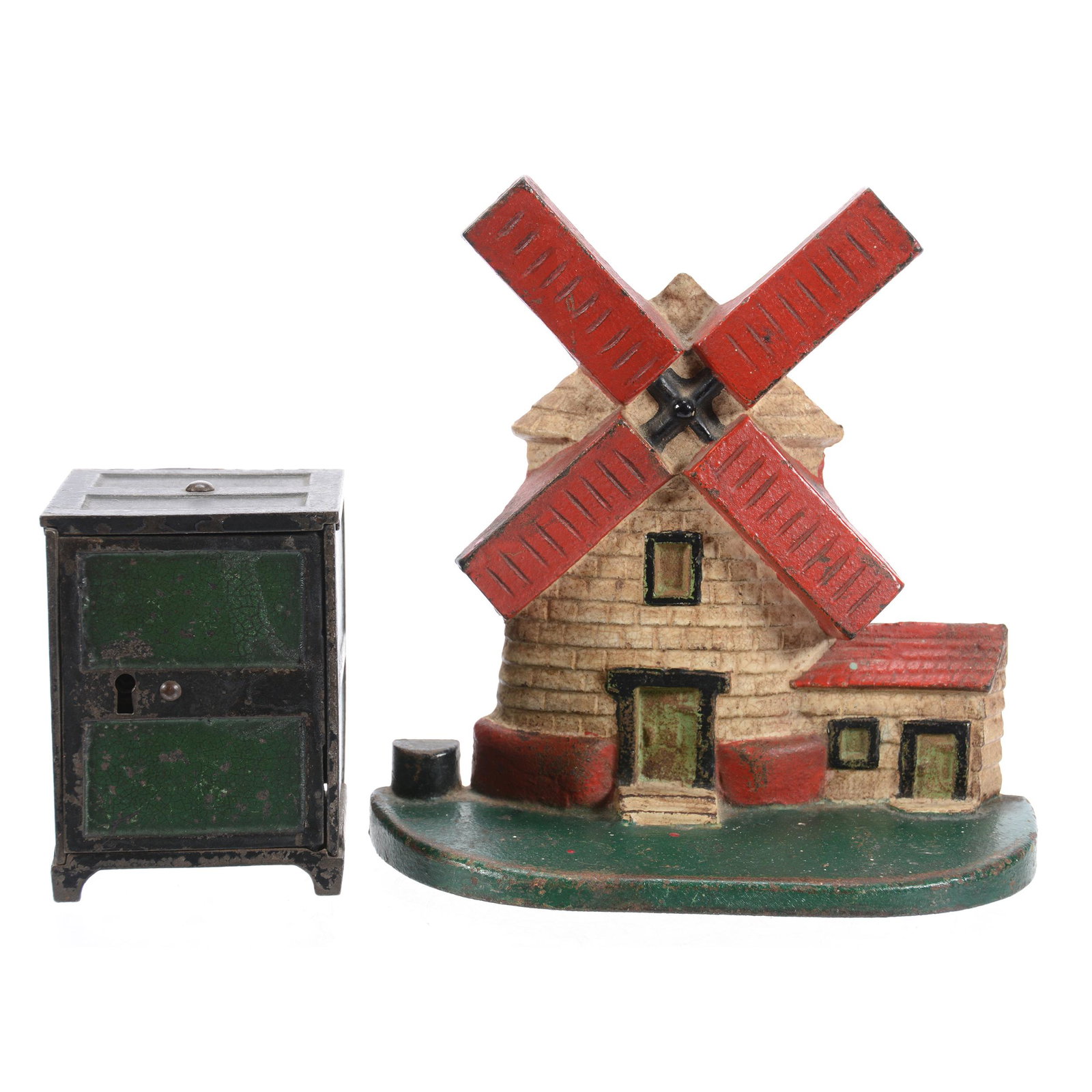 (2) Vintage Cast Iron Items: (2) Vintage Cast Iron Items, (1) 6.75" X 7" Doorstop, Figural Dutch Windmill, (1) 3.5" X 2.75" Square Bank, Green and Black, No Key, Private Collection, Wichita, KS