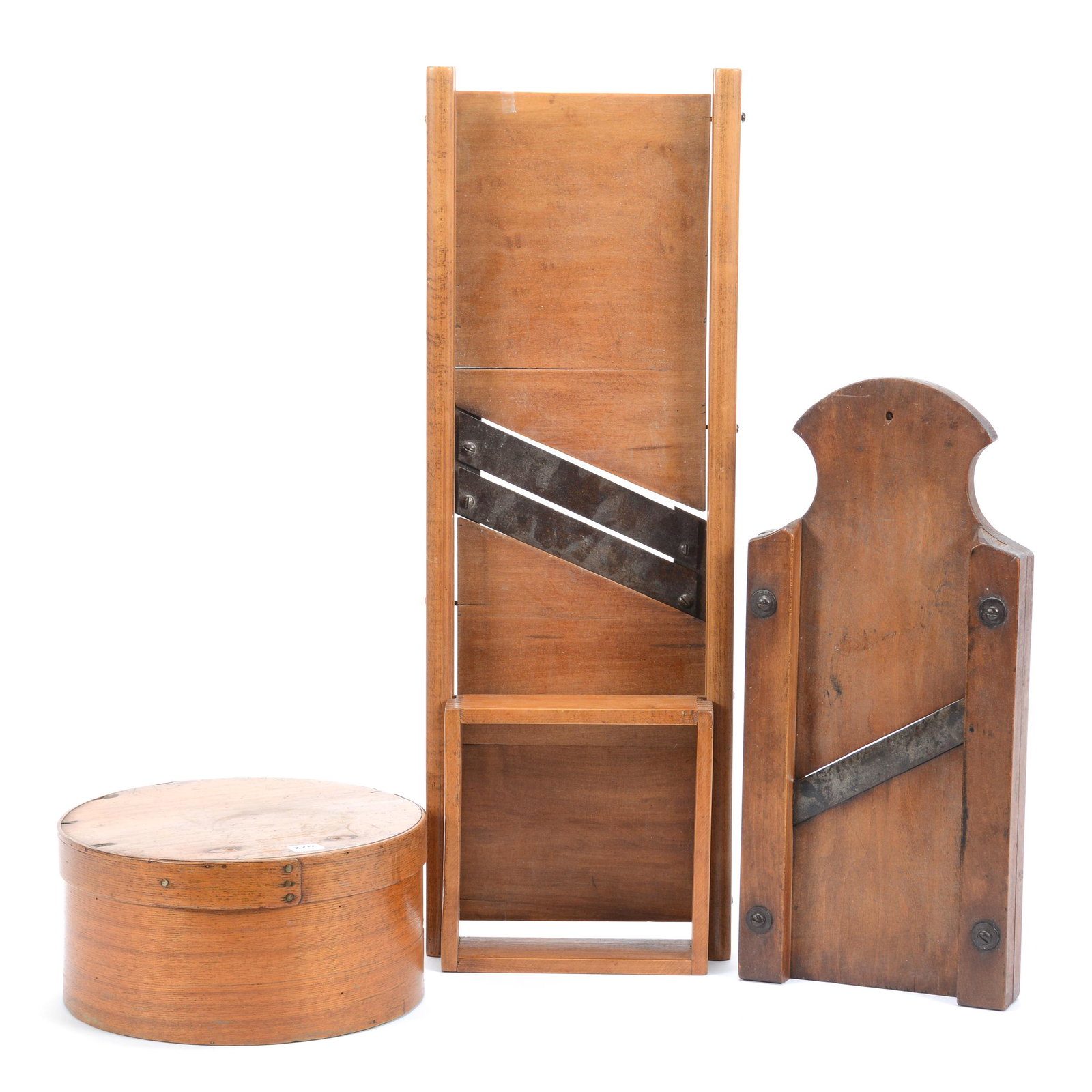 (3) Primitive Wooden Items: (3) Primitive Wooden Items Including: (1) 26" X 9" Kraut Cutter, Double Blade with Box, (1) 17" X 8" Kraut Cutter, Single Blade, (1) 10.25" Diameter Wooden Box, Shaker Style, Hole in Side of Box, Priv