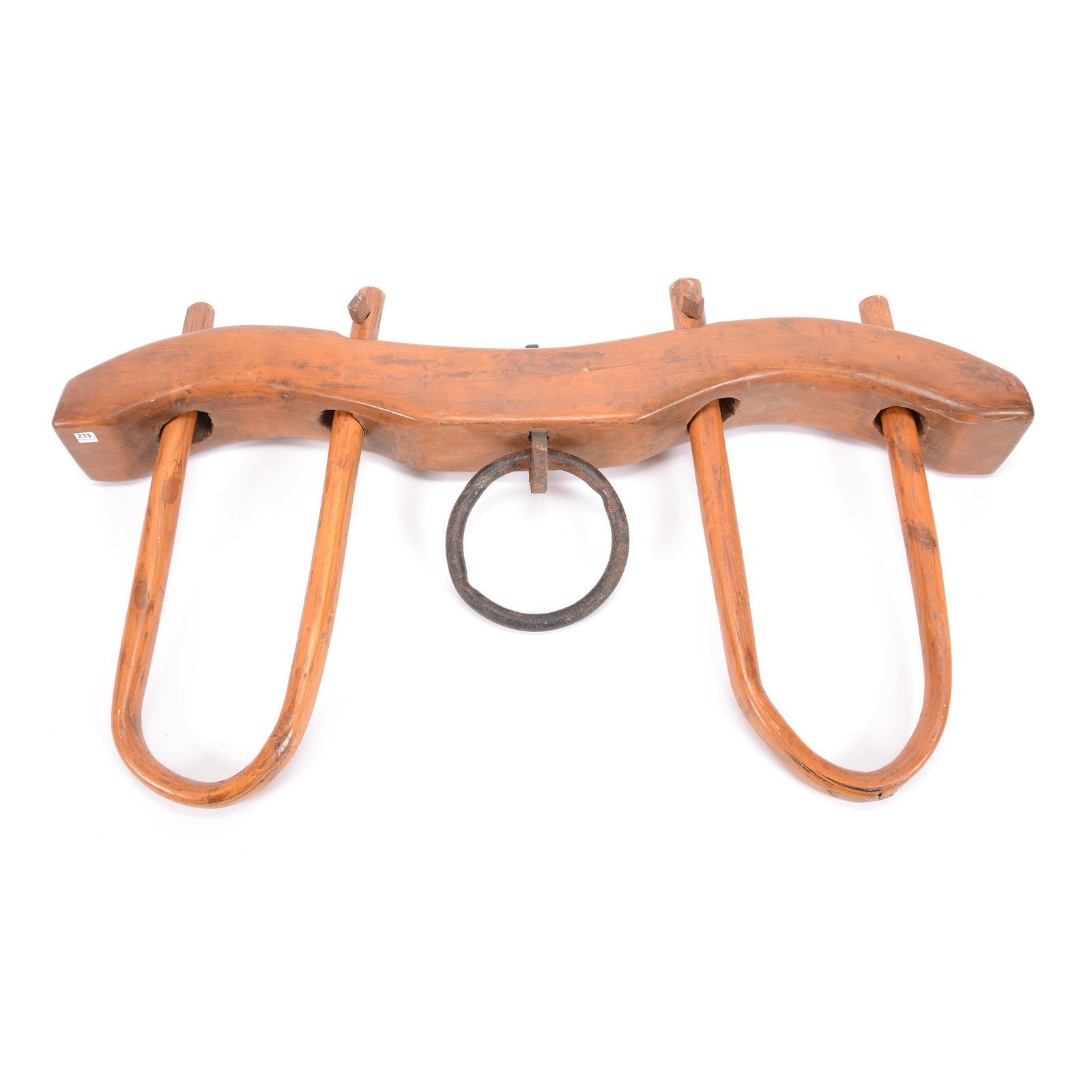Vintage Wooden Double Oxen Yoke: Vintage Wooden Double Oxen Yoke, Approx. 42", Complete with Neck Yoke, Two Bows, Two Wooden Pins, Iron Hitch Ring and Staple, Private Collection, Wichita, KS