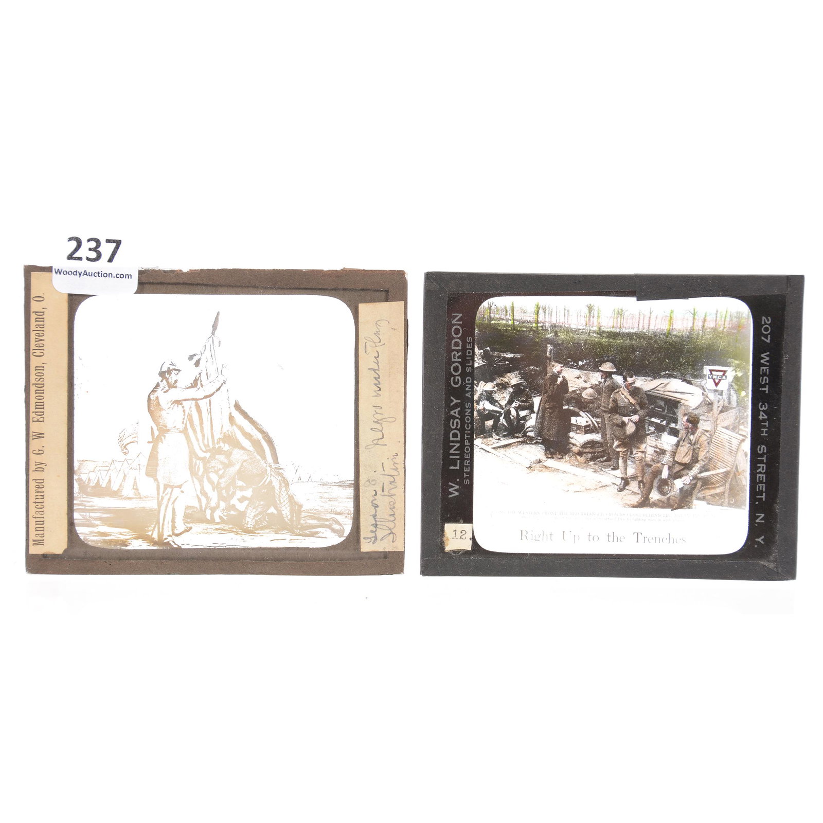 (2) Glass Stereopticon Slides: (2) Glass Stereopticon Slides, 4", (1) WWI Era Titled "Up to the Trenches" by W. Lindsay Gordon, (1) Civil War Era Drawing of Soldier, Flag and Tents, Manufactured by G. W. Edmondson, Cleveland, OH, P
