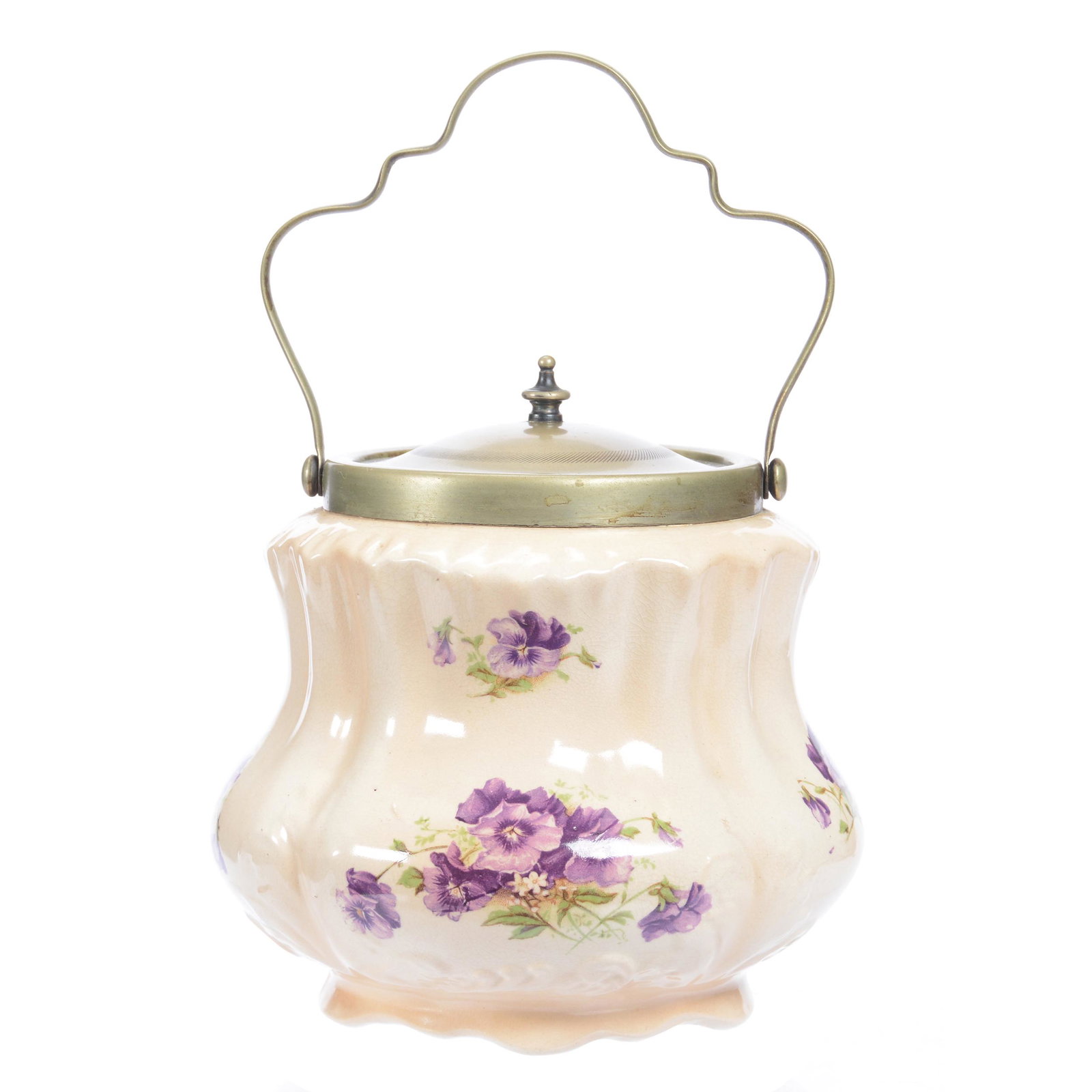 Biscuit Jar, English, Marked: Biscuit Jar, English, Marked, 6.75", "Duchess English Make", Cream Tones with Lavender Floral Decor, Silverplate Lid and Bail, Mike and Mary Ann Callahan, OK