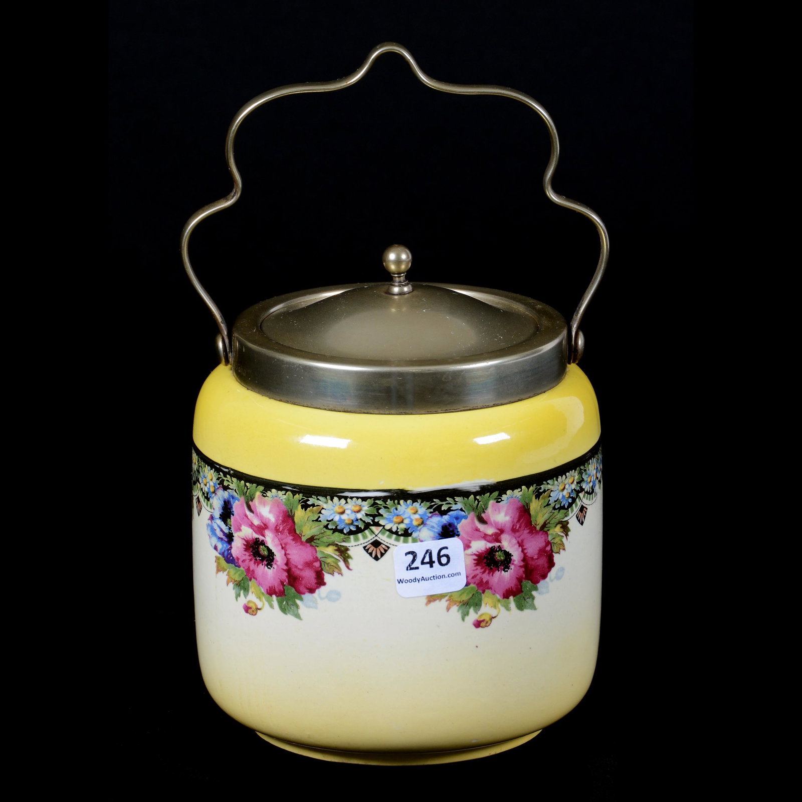 Biscuit Jar, Marked "Made In England": Biscuit Jar, Marked "Made in England", 6.25", Yellow with Pink Poppy Decor, Black Trim Highlights, Silverplate Lid and Bail, Mike and Mary Ann Callahan, OK
