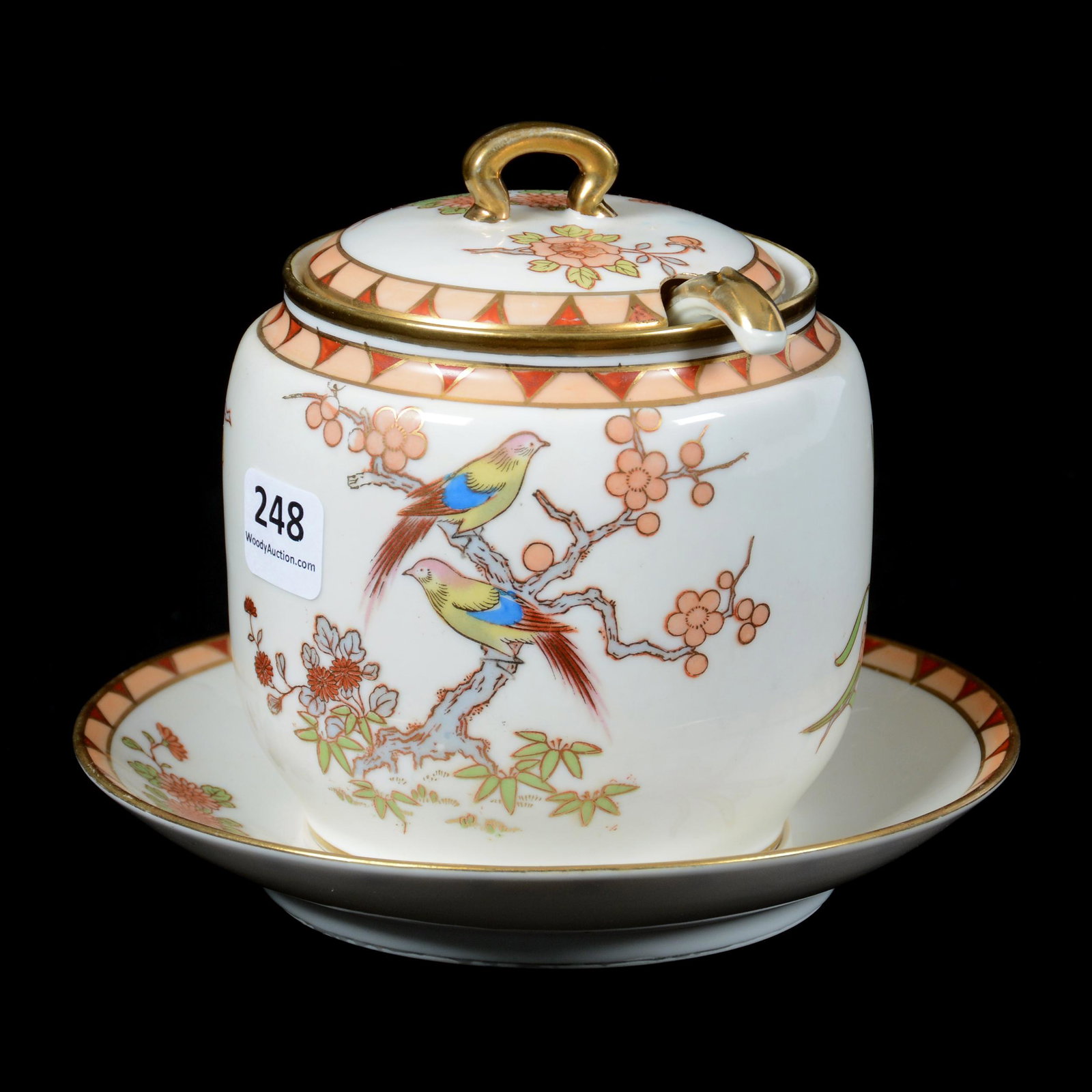 Jam Jar With Underplate, Four Piece, Marked Nippon: Jam Jar with Underplate, Four-Piece, Marked Nippon, 5" X 6", Cream with Colorful Bird and Branch Design, Includes Jar with Lid, Ladle and Underplate, Mike and Mary Ann Callahan, OK