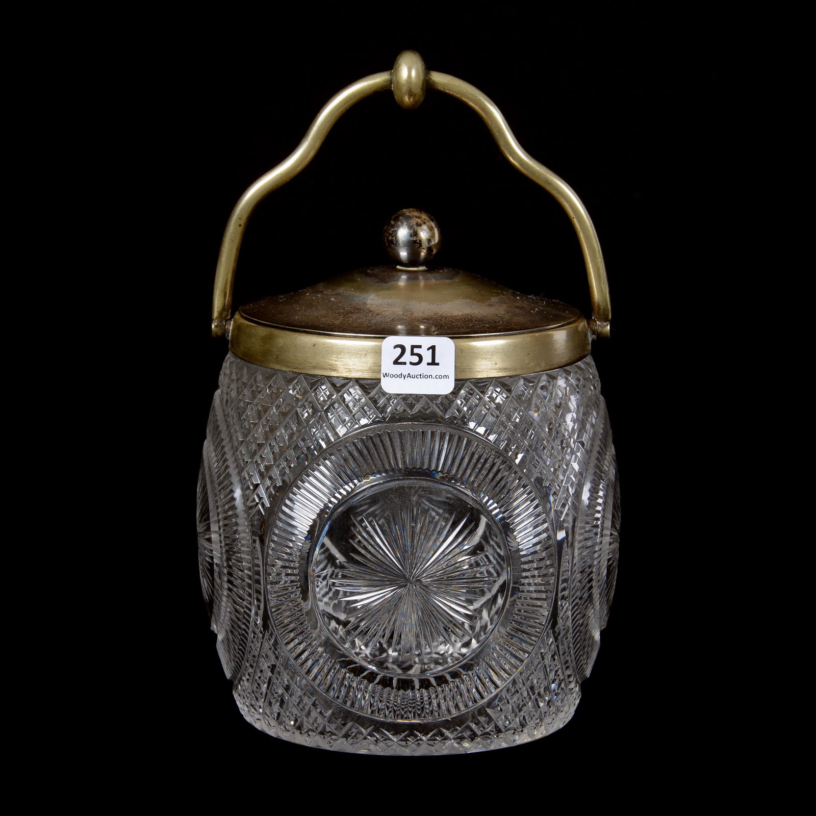 Biscuit Jar, English Cut Glass: Biscuit Jar, English Cut Glass, 6.5", Crosscut Diamond and Circular Flashed Star Motif, Silverplate Lid and Bail, Mike and Mary Ann Callahan, OK