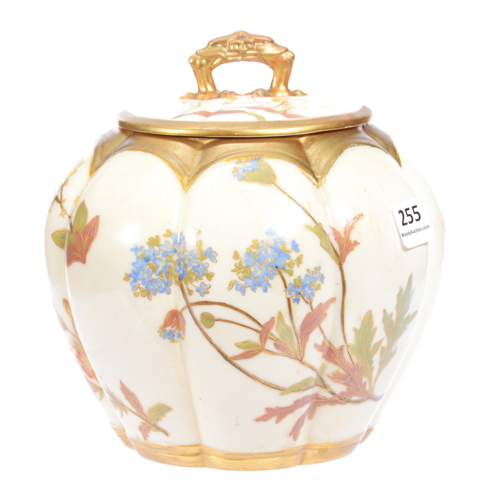 Biscuit Jar Marked Royal Worcester #1412: Biscuit Jar Marked Royal Worcester #1412, 6.75" X 6.5", Melon Ribbed, Cream Tones with Colorful Floral Decor, Lid in Good Condition, Base has Had Significant Professional Restoration, Mike and Mary An
