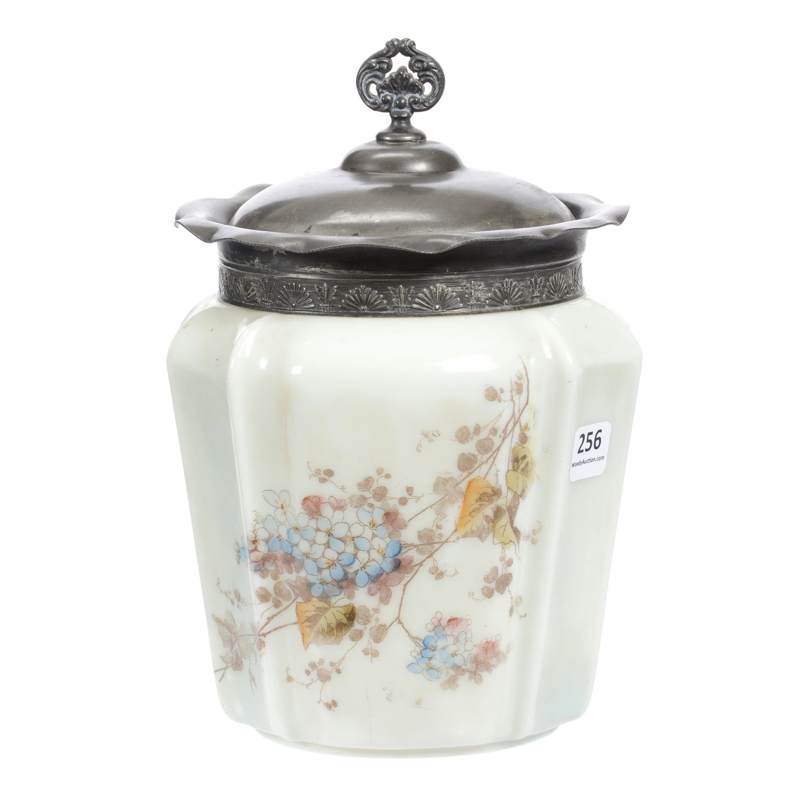 Wave Crest Biscuit Jar, Unmarked: Wave Crest Biscuit Jar, Unmarked, 8.5", White/Light Blue Tones with Blossom and Branch Decor, Silverplate Collar and Lid, Mike and Mary Ann Callahan, OK