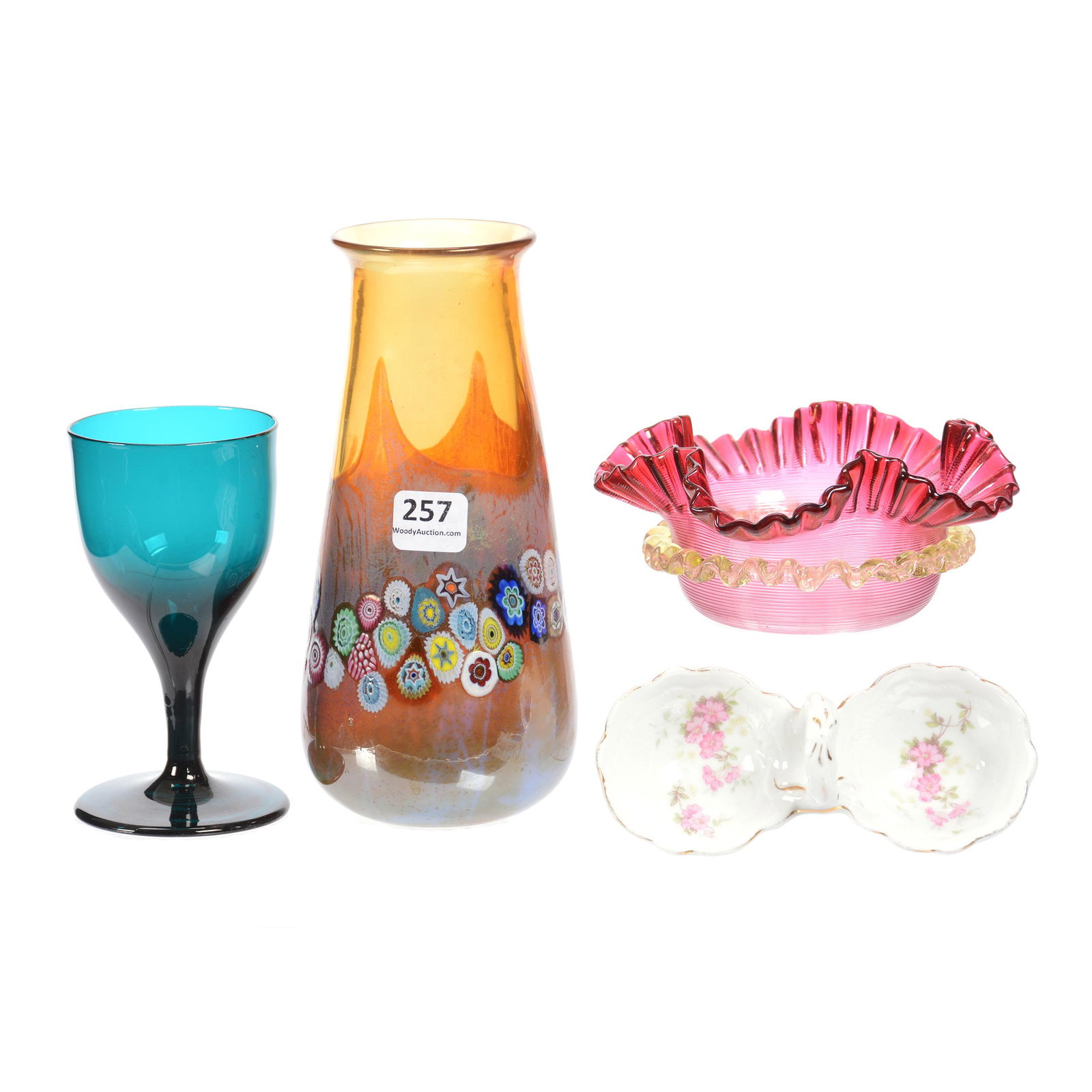 (4) Assorted Items: (4) Assorted Items Including: (1) 7" Vase, Modern Art Glass, Amber Iridescence with Multi-Color Millefiori Highlights, (1) 4.75" Wine, Dark Teal Glassware, (1) 5" Sweetmeat, Art Glass, Ruffled Cranber