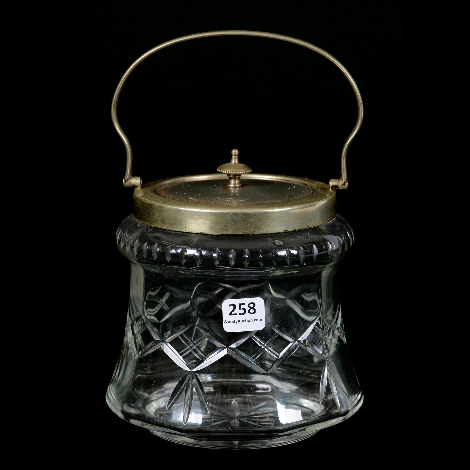 Biscuit Jar, English Cut Glass: Biscuit Jar, English Cut Glass, 6.25", Simple Diamond and Fan Pattern, Silverplate Lid and Bail, Mike and Mary Ann Callahan, OK