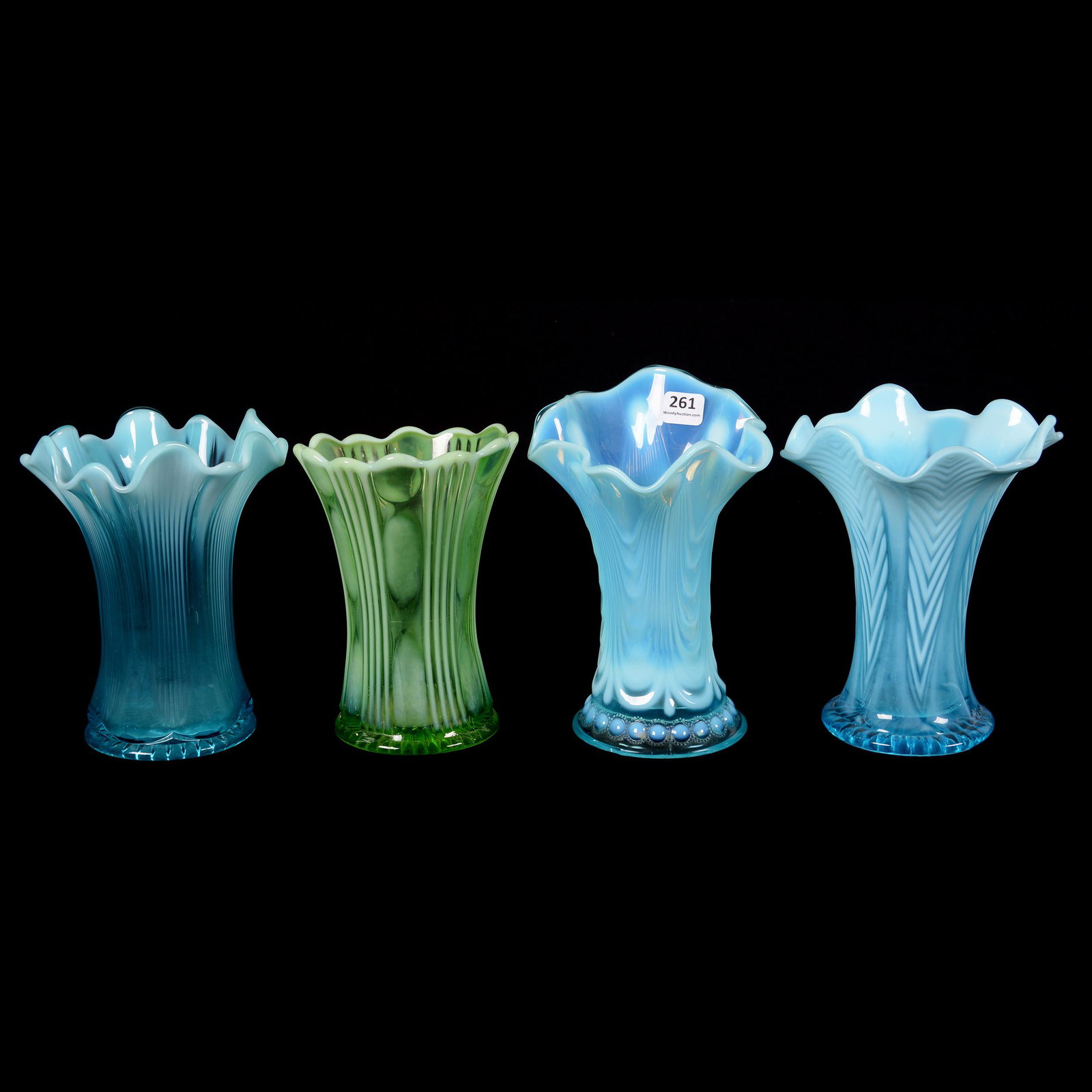(4) Opalescent Colored Pattern Glass Vases: (4) Opalescent Colored Pattern Glass Vases, (1) 7.5" Blue Jewel and Drapery by Northwood, (1) 7" Blue Feathers, (1) 7" Blue Lined Heart, (1) 6.5" Green Rib and Big Thumbprint, Private Collection, KS