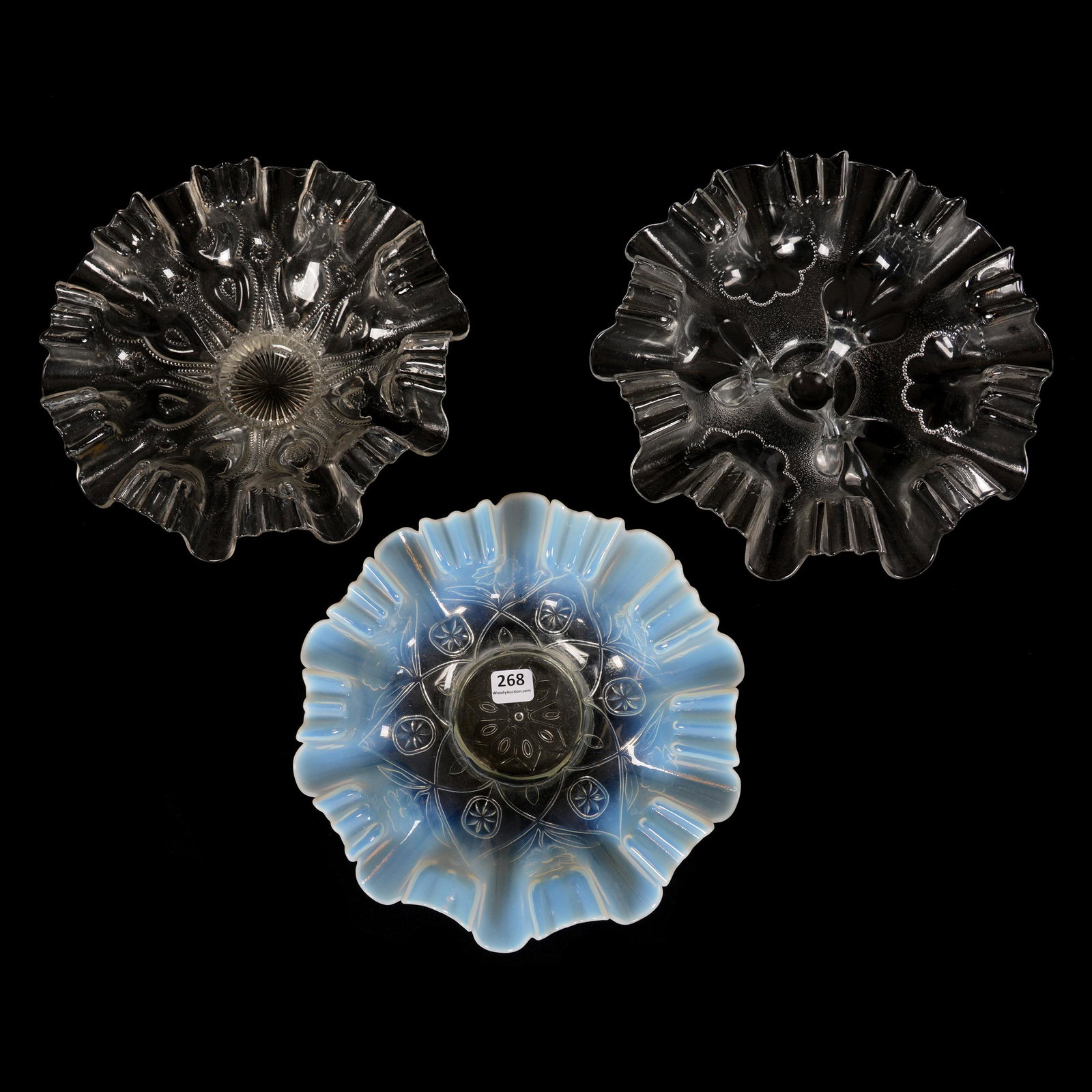 (3) Pattern Glass Bowls: (3) Pattern Glass Bowls, 9.5" Approx., (1) Daisy and Plume, Footed, Clear, (1) Keyhole Pattern, Clear, (1) White Opalescent Floral Design, Private Collection, KS