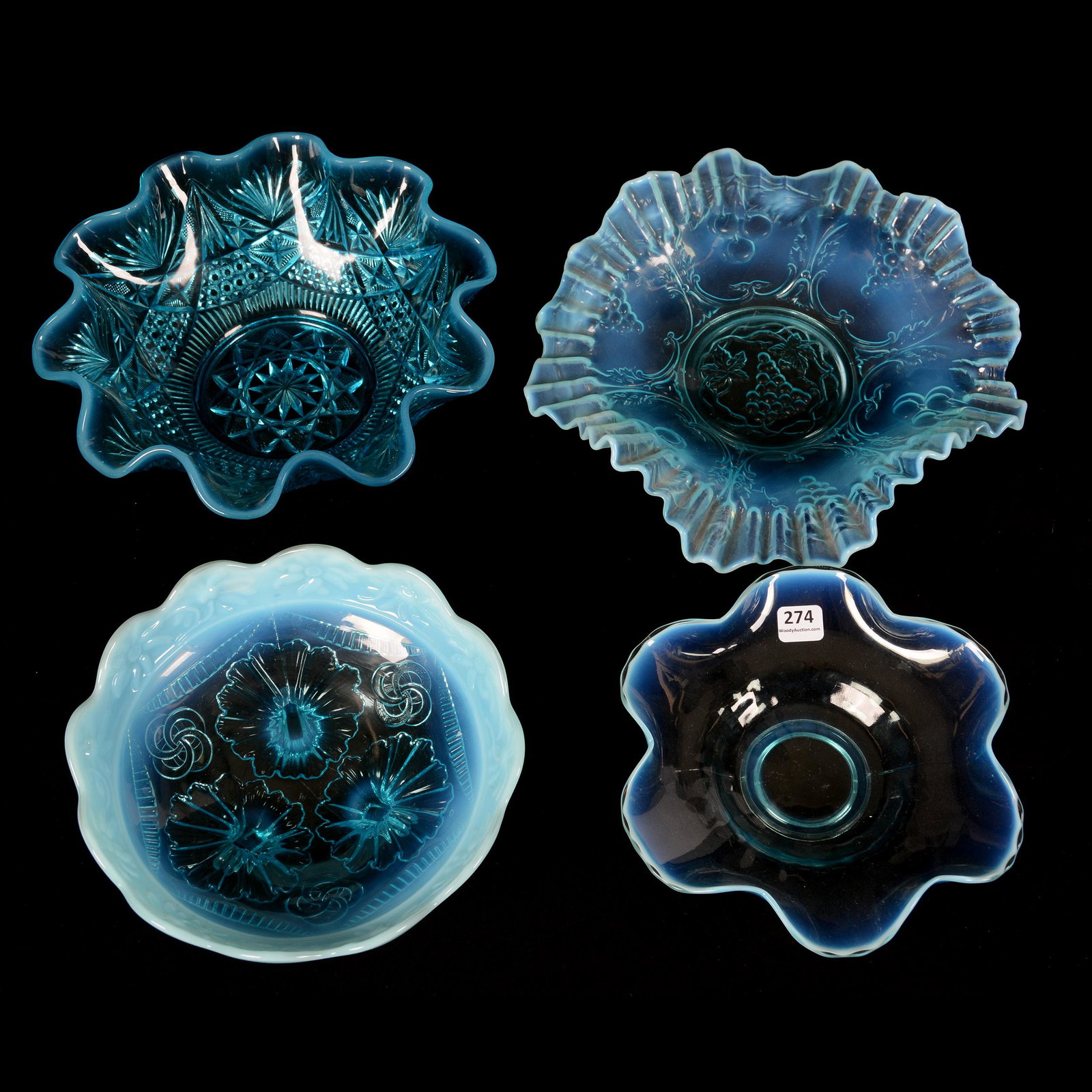 (4) Blue Opalescent Pattern Glass Bowls: (4) Blue Opalescent Pattern Glass Bowls, (1) 9.5" Compass Pattern, (1) 10.5" Cherry and Grape Pattern, (1) 8" Ruffles and Rings Pattern, Footed, (1) 8" Plain Pattern, Private Collection, KS