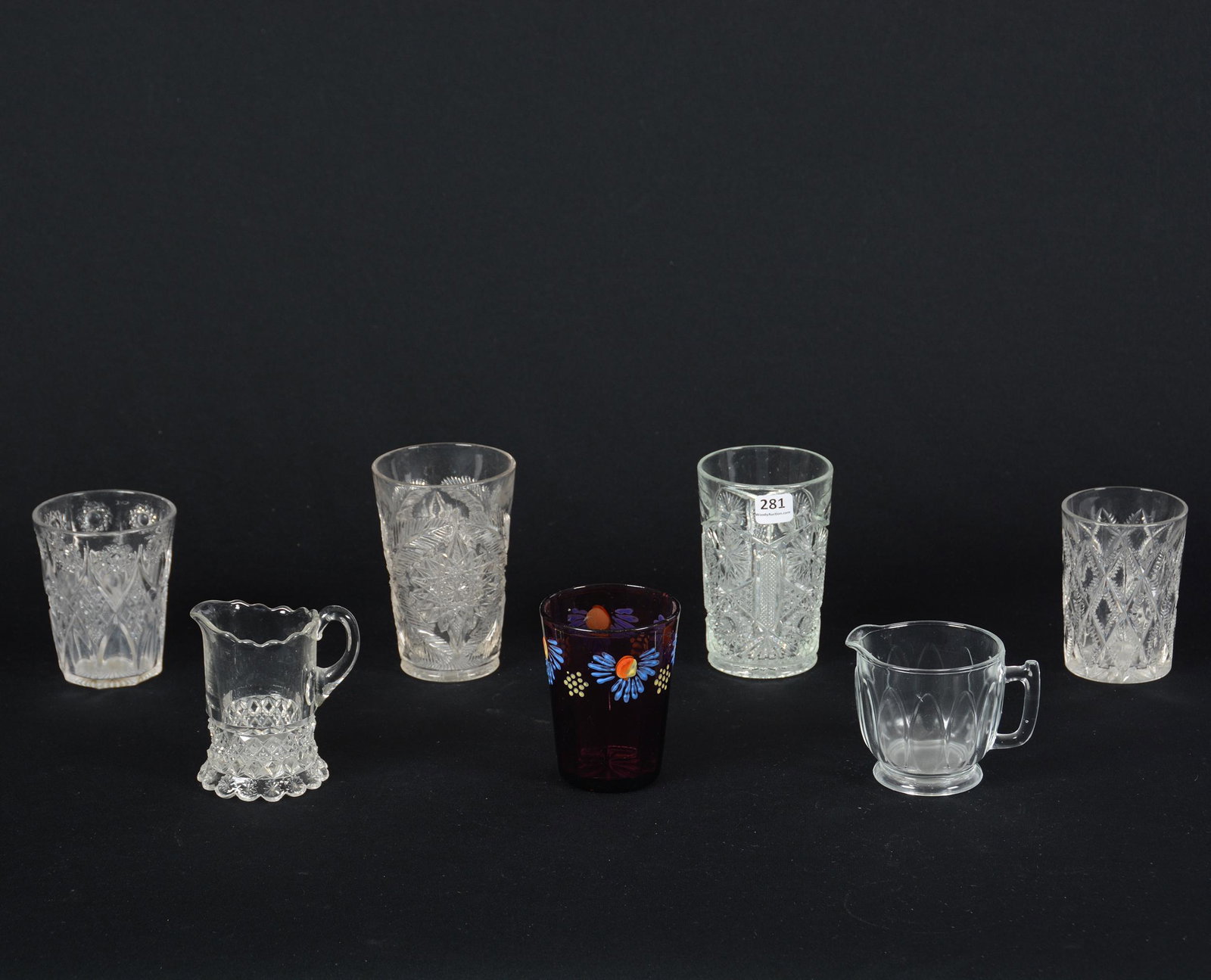 (7) Assorted Pattern Glass Tumblers & Creamers: (7) Assorted Pattern Glass Tumblers and Creamers, See Photos for Details of Patterns, Private Collection, KS