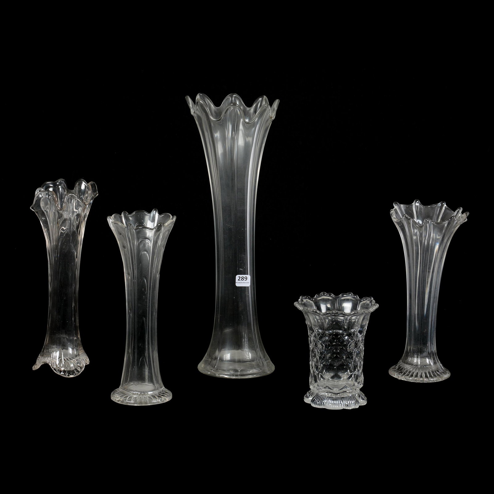 (5) Assorted Clear Pattern Glass Vases: (5) Assorted Clear Pattern Glass Vases, (1) 16.5" Wide Rib Pattern, (1) 11.5" Tokyo Pattern, (1) 10.5" Pulled Loop Design, (1) 10.5" Wide Rib Pattern, (1) 6" Honeycomb Pattern, Private Collection, KS