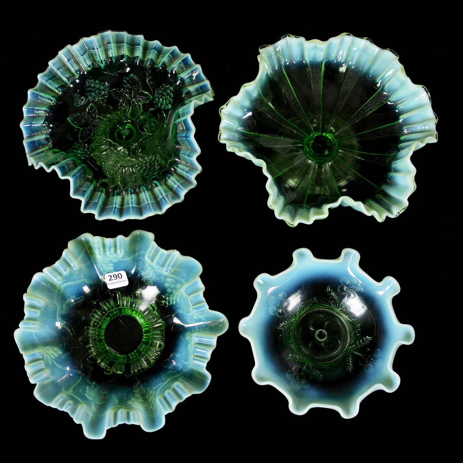 (4) Assorted Green Opalescent Pattern Glass Bowls: (4) Assorted Green Opalescent Pattern Glass Bowls, (1) 8.5" Vintage Pattern, Dome Foot, Candy Ribbon Edge, (1) 6.5" Daisy Dear Pattern, (1) 9" Popsicle Sticks Pattern, Dome Foot, (1) 8.25" Threaded Gr