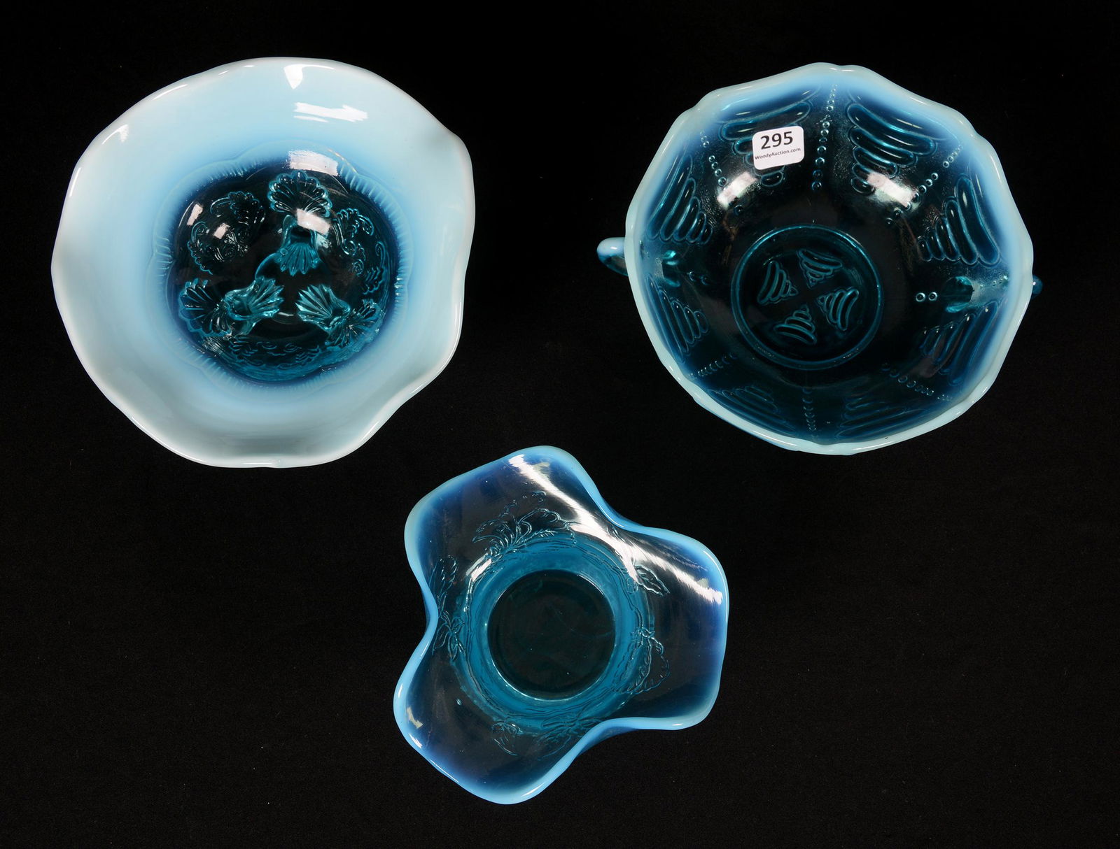 (3) Blue Opalescent Pattern Glass Bowls: (3) Blue Opalescent Pattern Glass Bowls, (1) 6.75" Wreath and Shell Pattern, Three Footed, (1) 6.5" Abalone Pattern, Two-Handled Bowl, (1) 5.25" Trailing Vine Pattern, Private Collection, KS