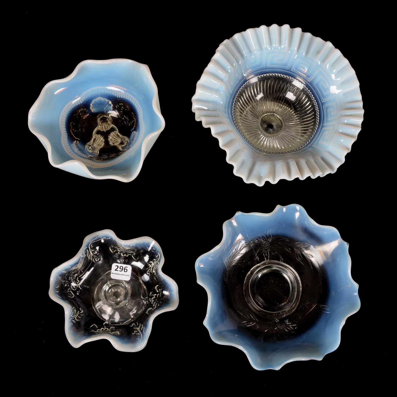(4) White Opalescent Pattern Glass Bowls: (4) White Opalescent Pattern Glass Bowls Including: (1) 8", Greek Key and Ribs Pattern, Pedestal, Ruffled Rim, (1) 7.25" Single Poinsettia Pattern, (1) 6.25" Wreath and Shell Pattern, Three Footed, (1