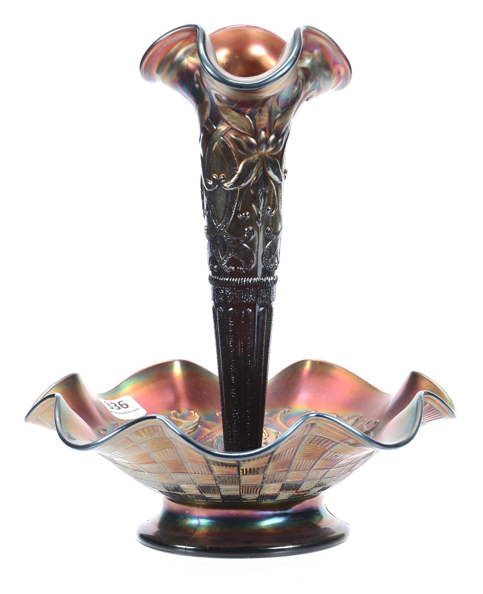 Carnival Glass Epergne, Amethyst Wishbone Pattern: Carnival Glass Epergne, Amethyst Wishbone Pattern, 9.75" X 8.25", by Northwood, Basketweave Exterior, Chipping on Base of Epergne Lily, Bob Albin, KS