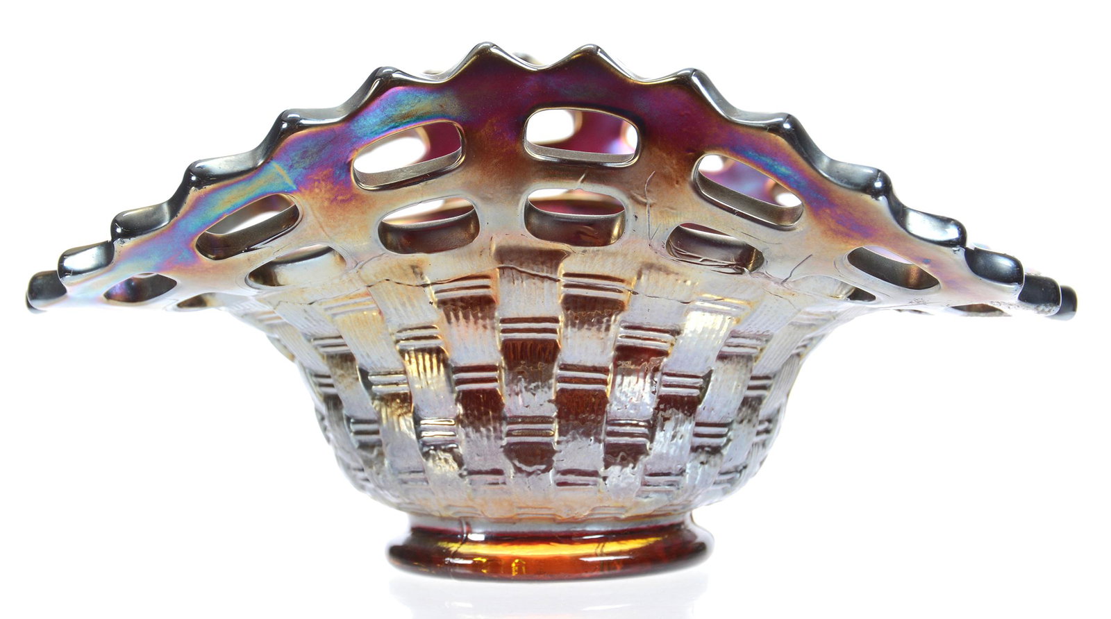 Carnival Glass Basket, Amberina Two Row Open Edge: Carnival Glass Basket, Amberina Two Row Open Edge, 3" X 5.75", Nice Color, Bob Albin, KS