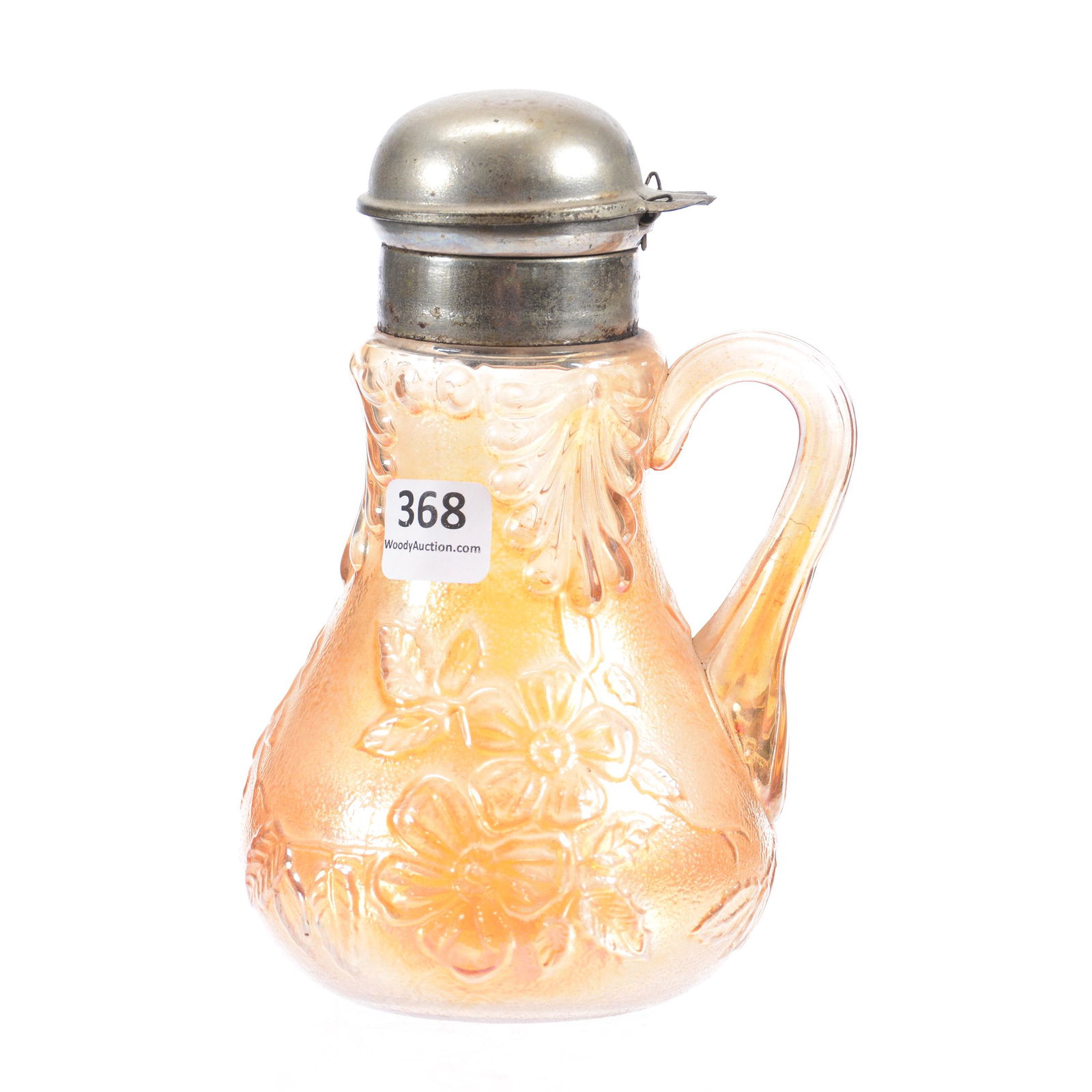 Carnival Glass Syrup Pitcher, Marigold Wild Rose: Carnival Glass Syrup Pitcher, Marigold Wild Rose, 6.25", by Westmoreland, Metal Flip Lid, Bob Albin, KS