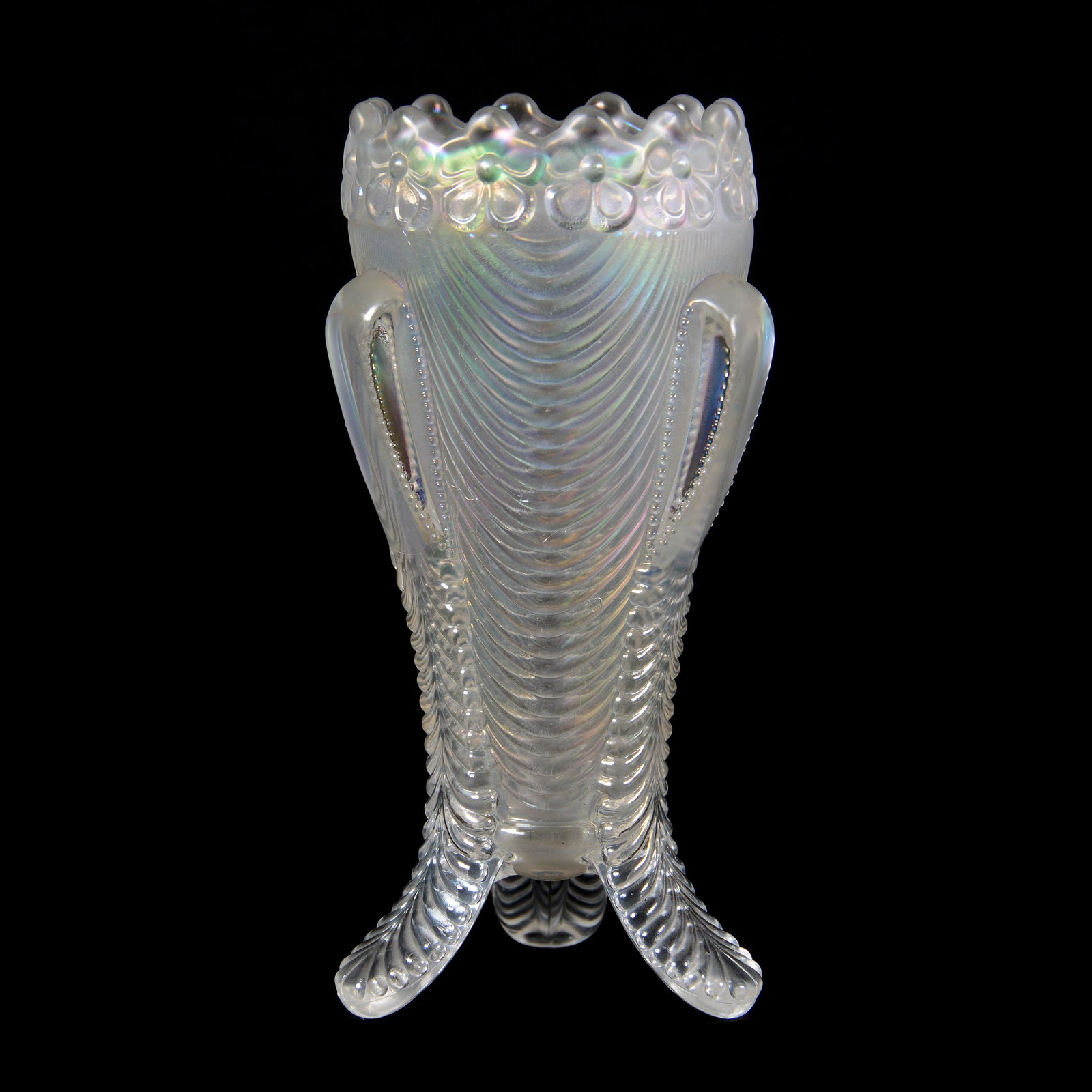 Carnival Glass Vase, Northwood Daisy & Drape: Carnival Glass Vase, Northwood Daisy and Drape, 6.5", White, Bob Albin, KS