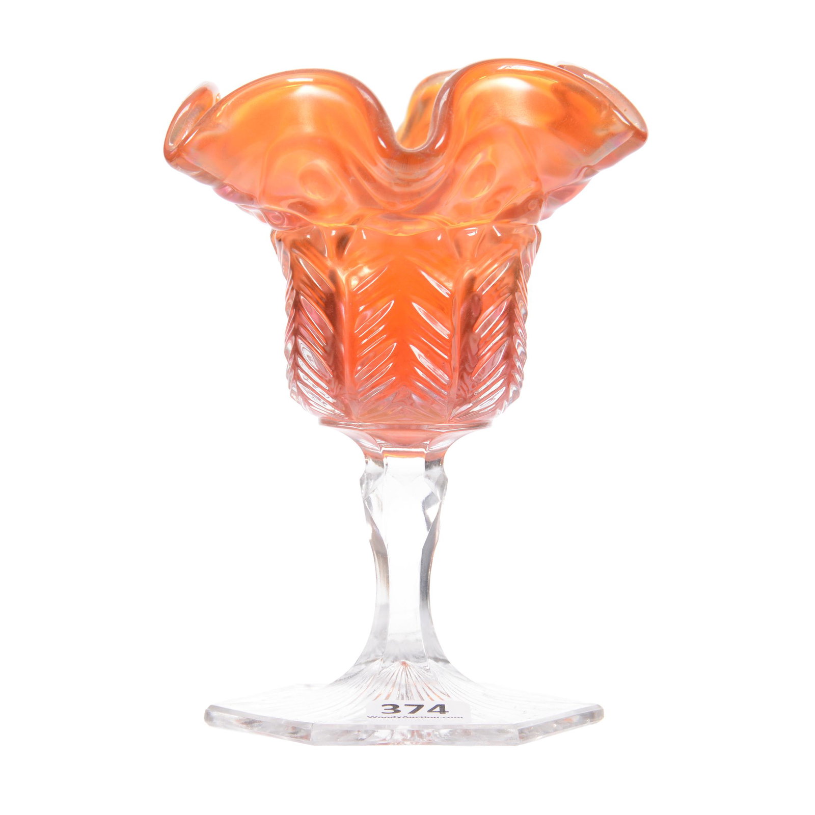 Carnival Glass Compote, Cambridge's Inverted Feather: Carnival Glass Compote, Cambridge's Inverted Feather, 5.5", Marigold, Bob Albin, KS