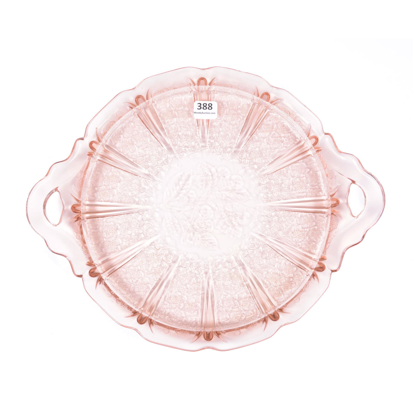 Depression Glass Cake Plate, Pink Cherry Blossom: Depression Glass Cake Plate, Pink Cherry Blossom, 12.75", by Jeanette Glass, Circa 1930's, Bob Albin, KS