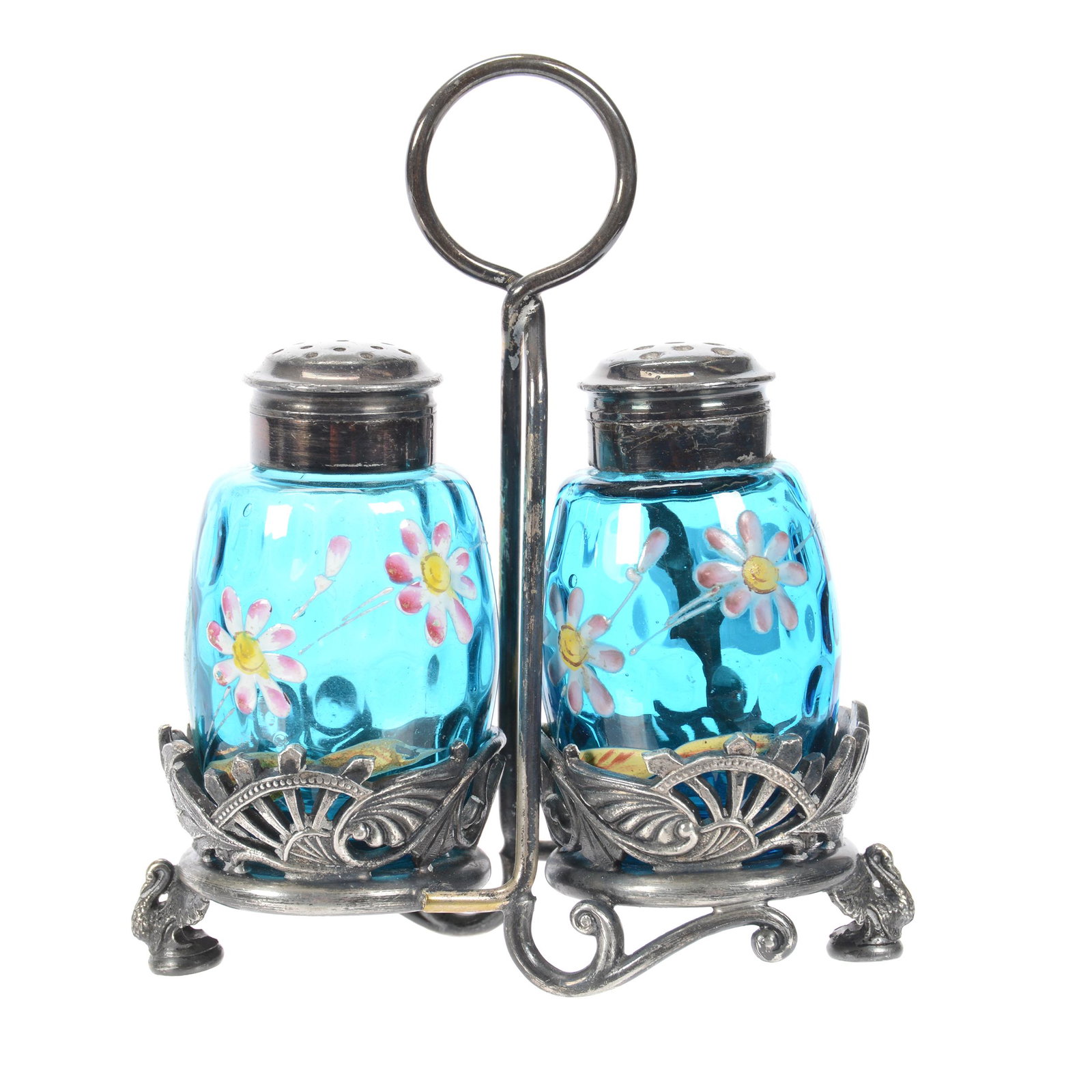 Victorian Art Glass Salt & Pepper Set In Stand: Victorian Art Glass Salt and Pepper Set in Stand, 4.75" X 4.25", Blue Coinspot Shakers with Enamel Daisy Decor, Set on Wilcox #3864 Silverplate Frame, Estate of Virginia Dillard