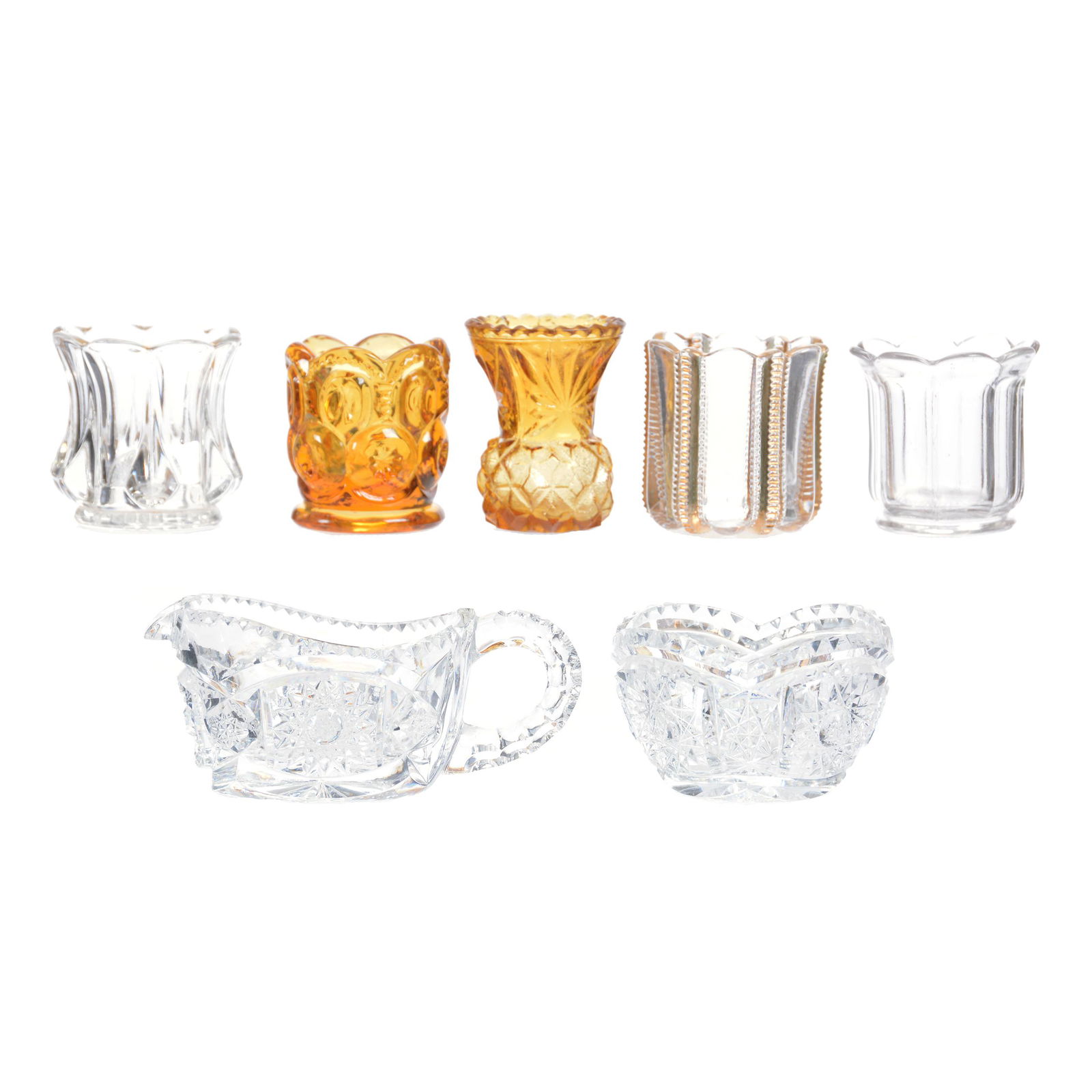 (7) Assorted Pattern Glass Items: (7) Assorted Pattern Glass Items Including: 2" Creamer and Sugar Set, Hobstar Pattern, (5) Assorted Toothpick Holders, Various Patterns and Colors, See Photos for Details, Estate of Virginia Dillard