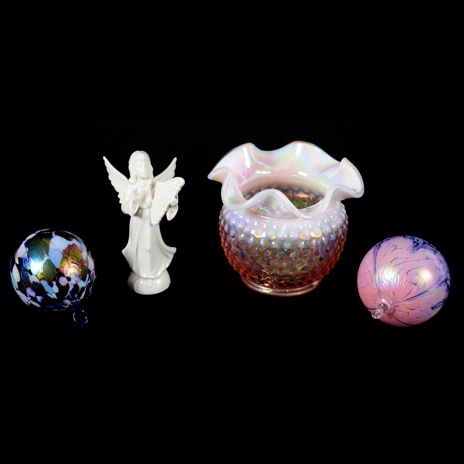(4) Assorted Items: (4) Assorted Items Including: (1) 5" X 6.25" Fenton Pink Opalescent Hobnail Vase, Paper Sticker, (1) 5.75" Porcelain Angel with Harp, Crown Mark, (2) Modern Art Glass Tree Ornaments, 3.5" Diameter, Es