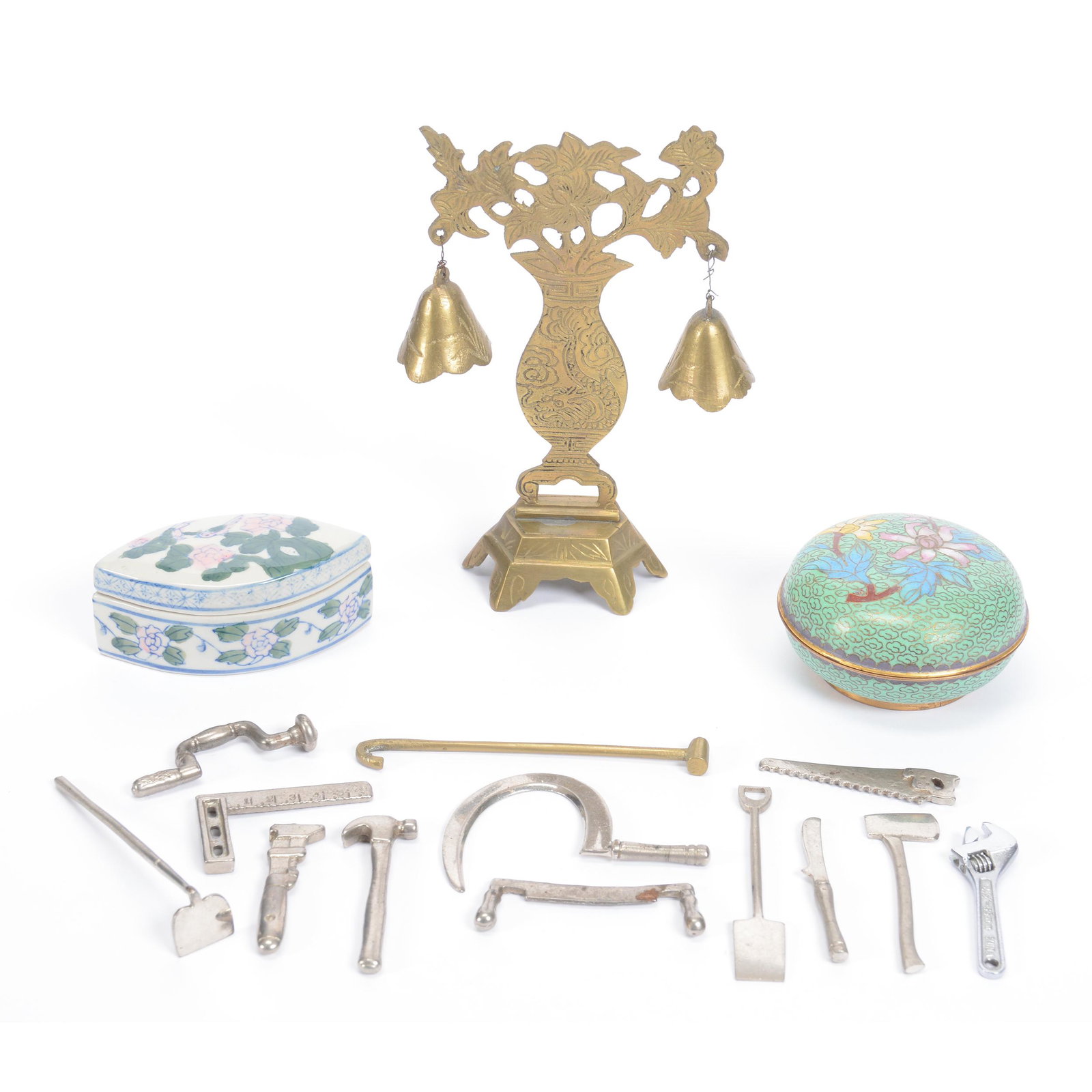Group of Assorted Antique Items: Group of Assorted Antique Items Including: (13) Miniature Metal Hand Tools, (1) 6.5" Solid Brass Double Hanging Bells W/Stand, (1) 3.25" Round Modern Cloisonne Covered Box, (1) 3.5" Covered Porcelain 